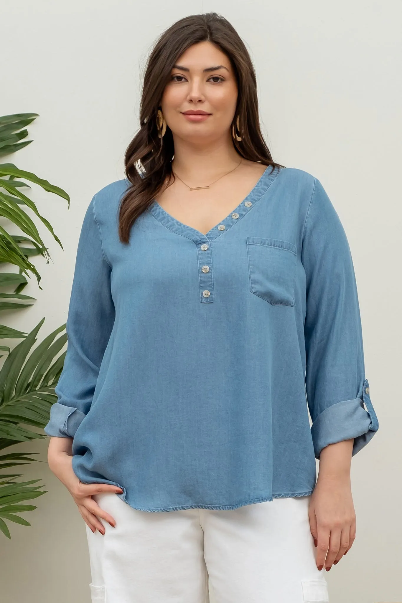 PLUS LONG TAB SLEEVE BUTTON DOWN CHAMBRAY TOP sold by Blu Pepper