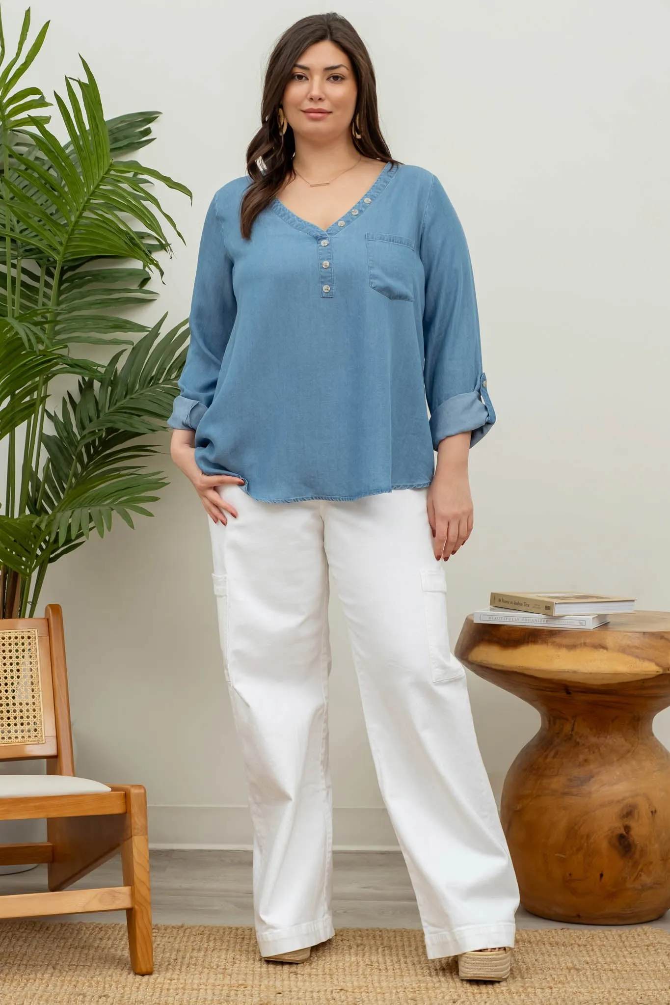 PLUS LONG TAB SLEEVE BUTTON DOWN CHAMBRAY TOP sold by Blu Pepper product image thumbnail 5