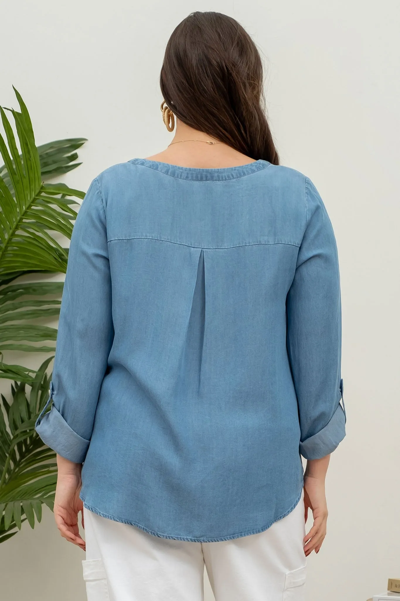 PLUS LONG TAB SLEEVE BUTTON DOWN CHAMBRAY TOP sold by Blu Pepper product image thumbnail 2
