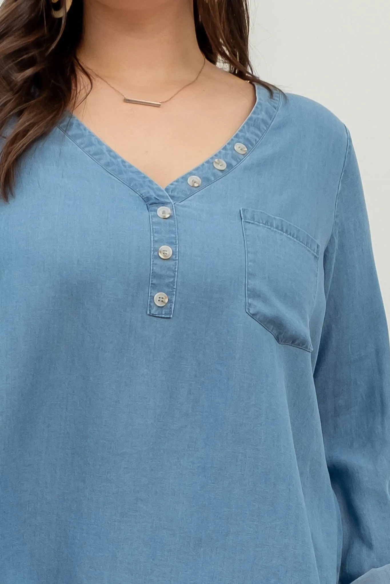 PLUS LONG TAB SLEEVE BUTTON DOWN CHAMBRAY TOP sold by Blu Pepper product image thumbnail 4
