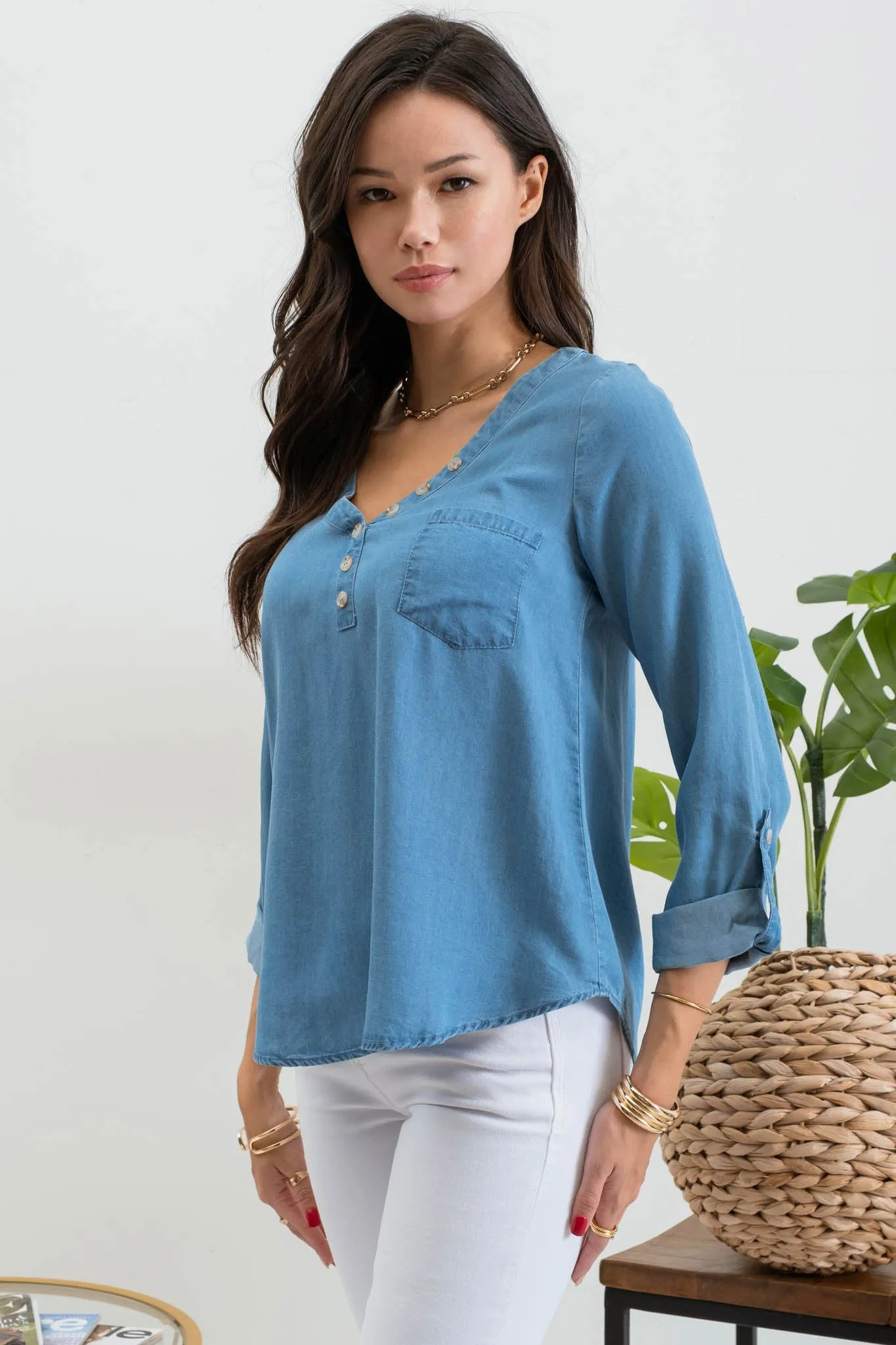 LONG TAB SLEEVE BUTTON DOWN CHAMBRAY TOP sold by Blu Pepper product image thumbnail 3