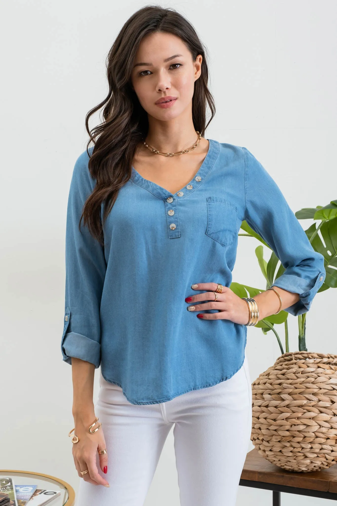 LONG TAB SLEEVE BUTTON DOWN CHAMBRAY TOP sold by Blu Pepper product image thumbnail 5