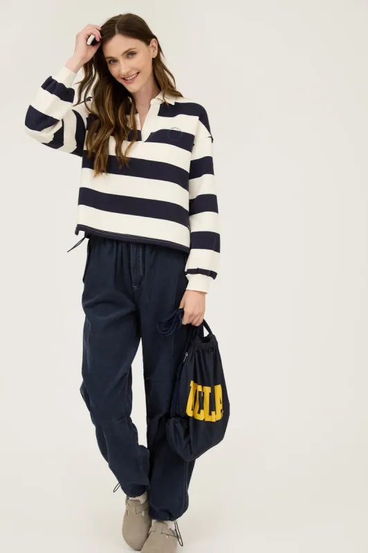 STRIPE COLLARED LONG SLEEVE POLO KNIT TOP sold by Blu Pepper