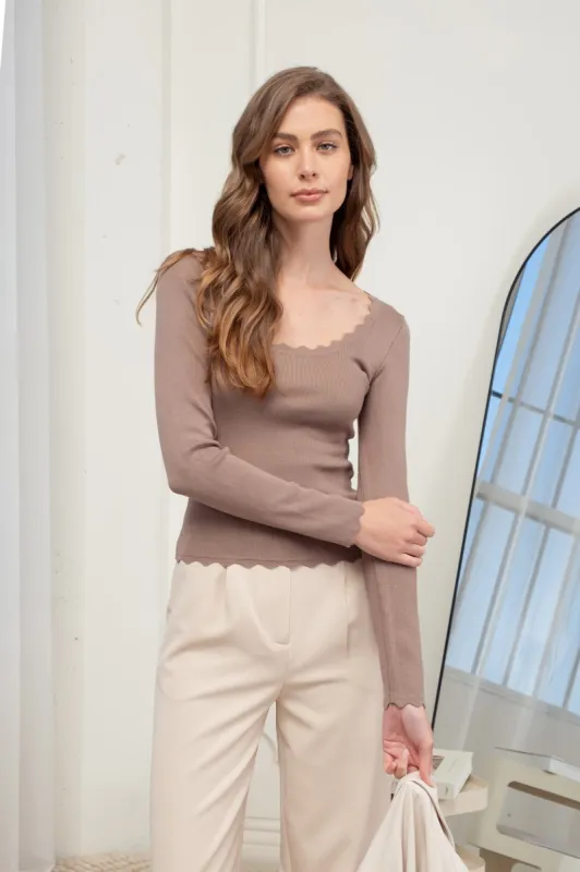 SCALLOP TRIM LONG SLEEVE SWEATER KNIT TOP sold by Blu Pepper