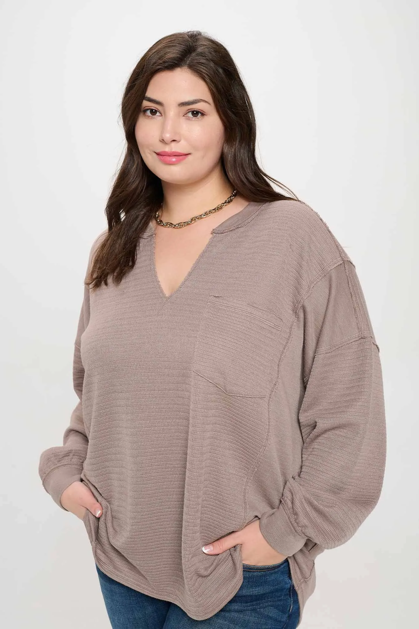 PLUS SOLID PATCHWORK SPLIT NECK KNIT TOP sold by Blu Pepper product image thumbnail 3