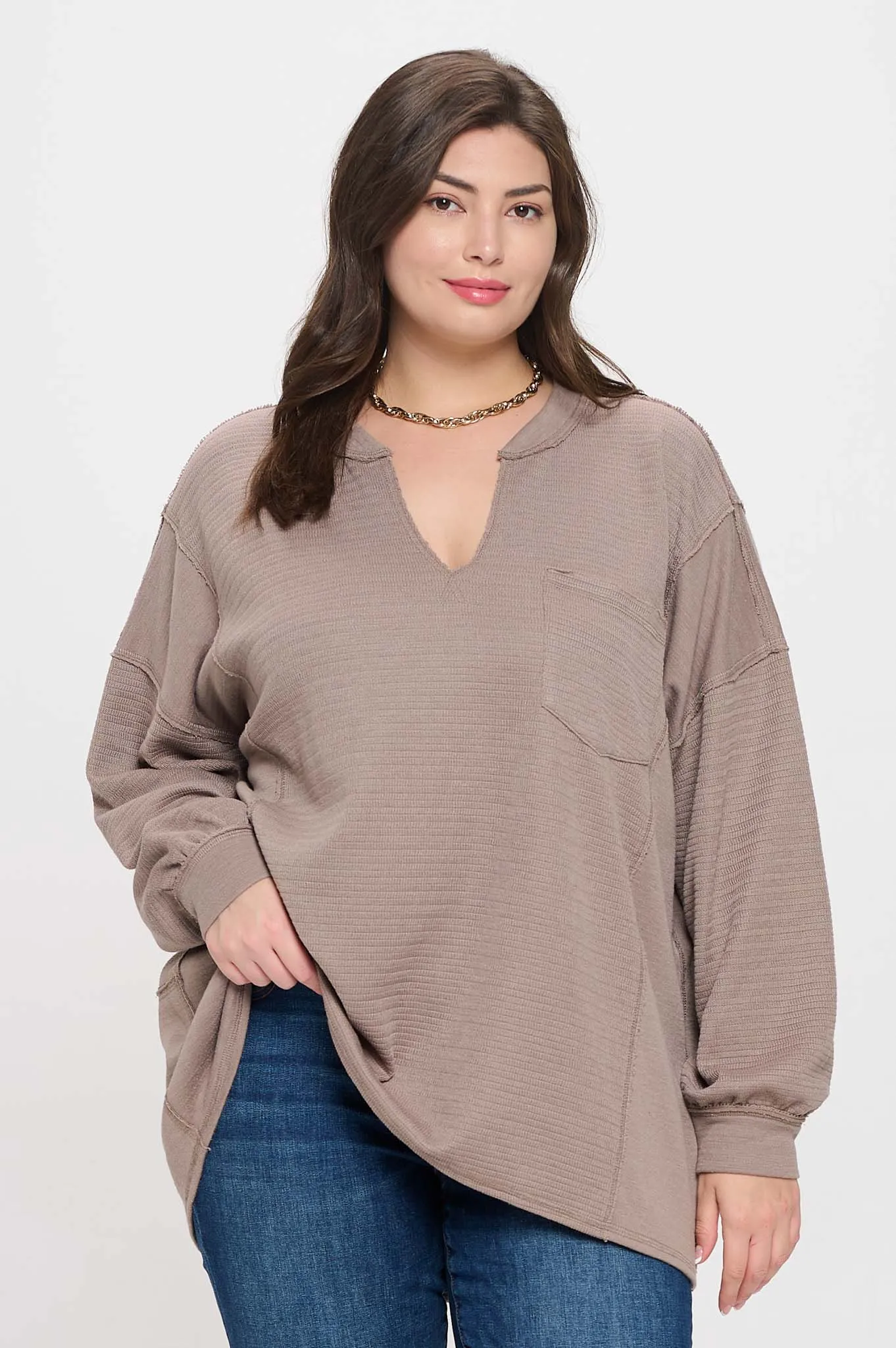 PLUS SOLID PATCHWORK SPLIT NECK KNIT TOP sold by Blu Pepper