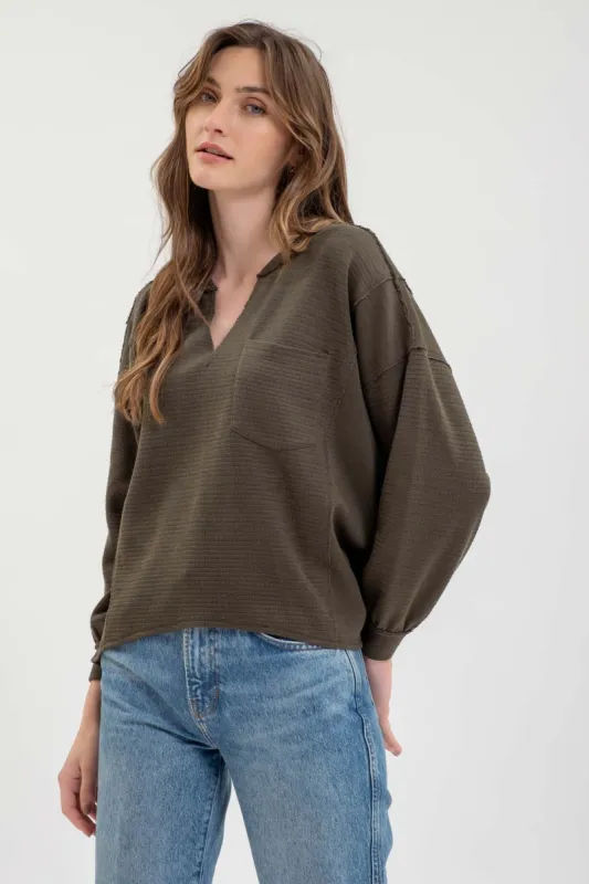 SOLID PATCHWORK SPLIT NECK KNIT TOP sold by Blu Pepper