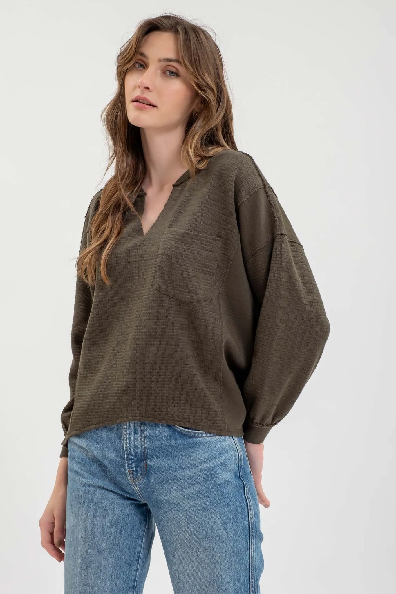 SOLID PATCHWORK SPLIT NECK KNIT TOP sold by Blu Pepper