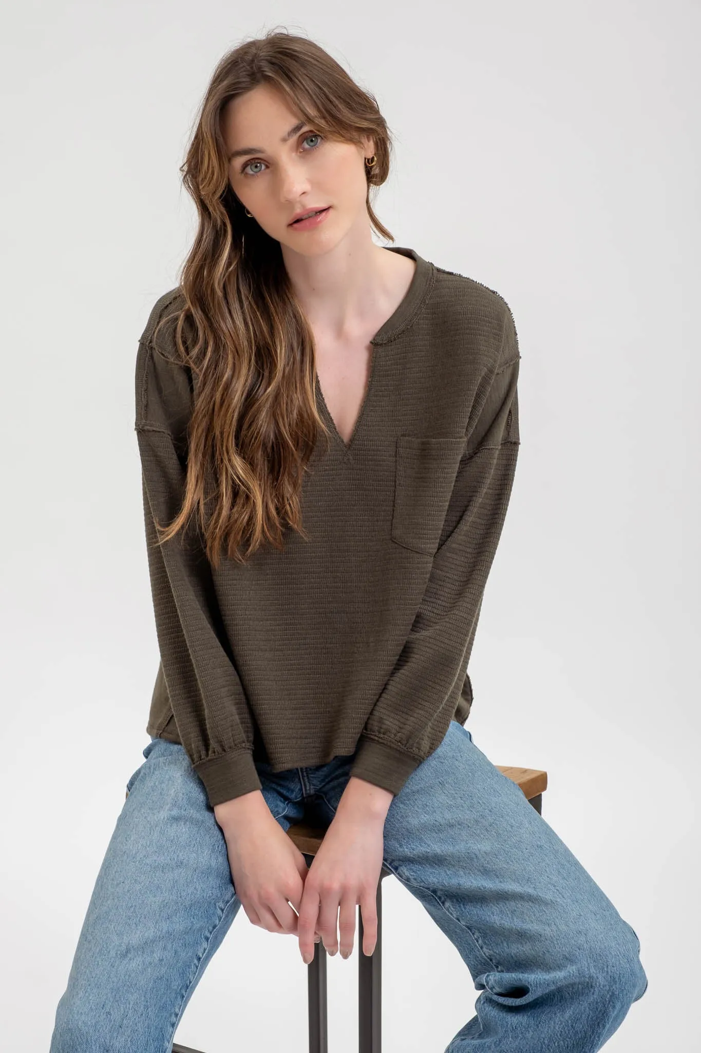 SOLID PATCHWORK SPLIT NECK KNIT TOP sold by Blu Pepper product image thumbnail 5