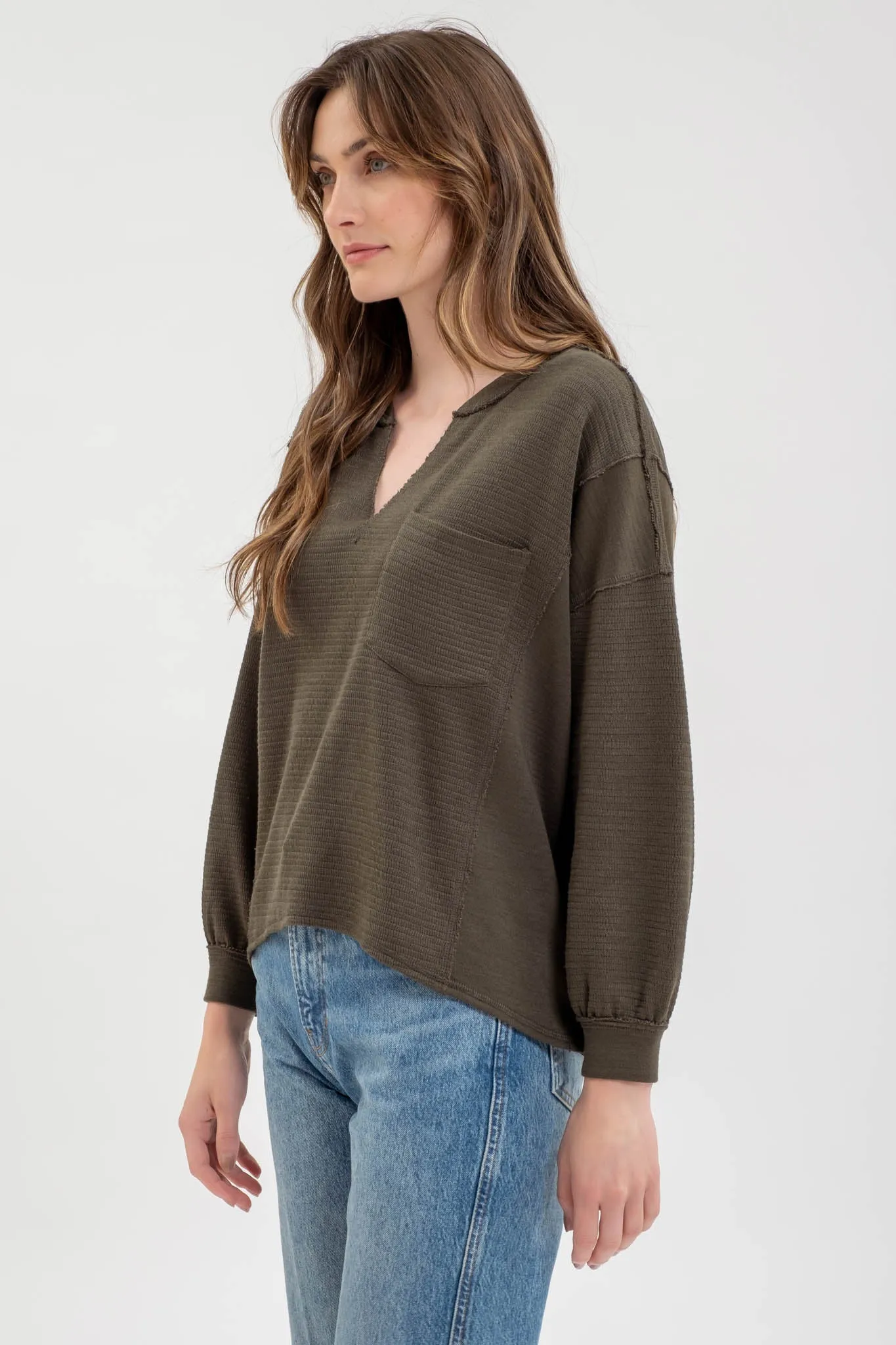 SOLID PATCHWORK SPLIT NECK KNIT TOP sold by Blu Pepper product image thumbnail 3