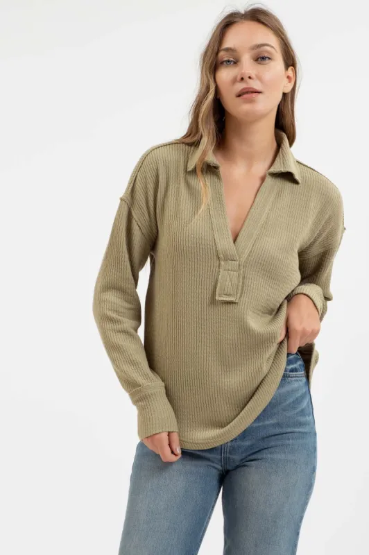 SPLIT NECK LONG SLEEVE EXPOSED SEAM KNIT TOP sold by Blu Pepper