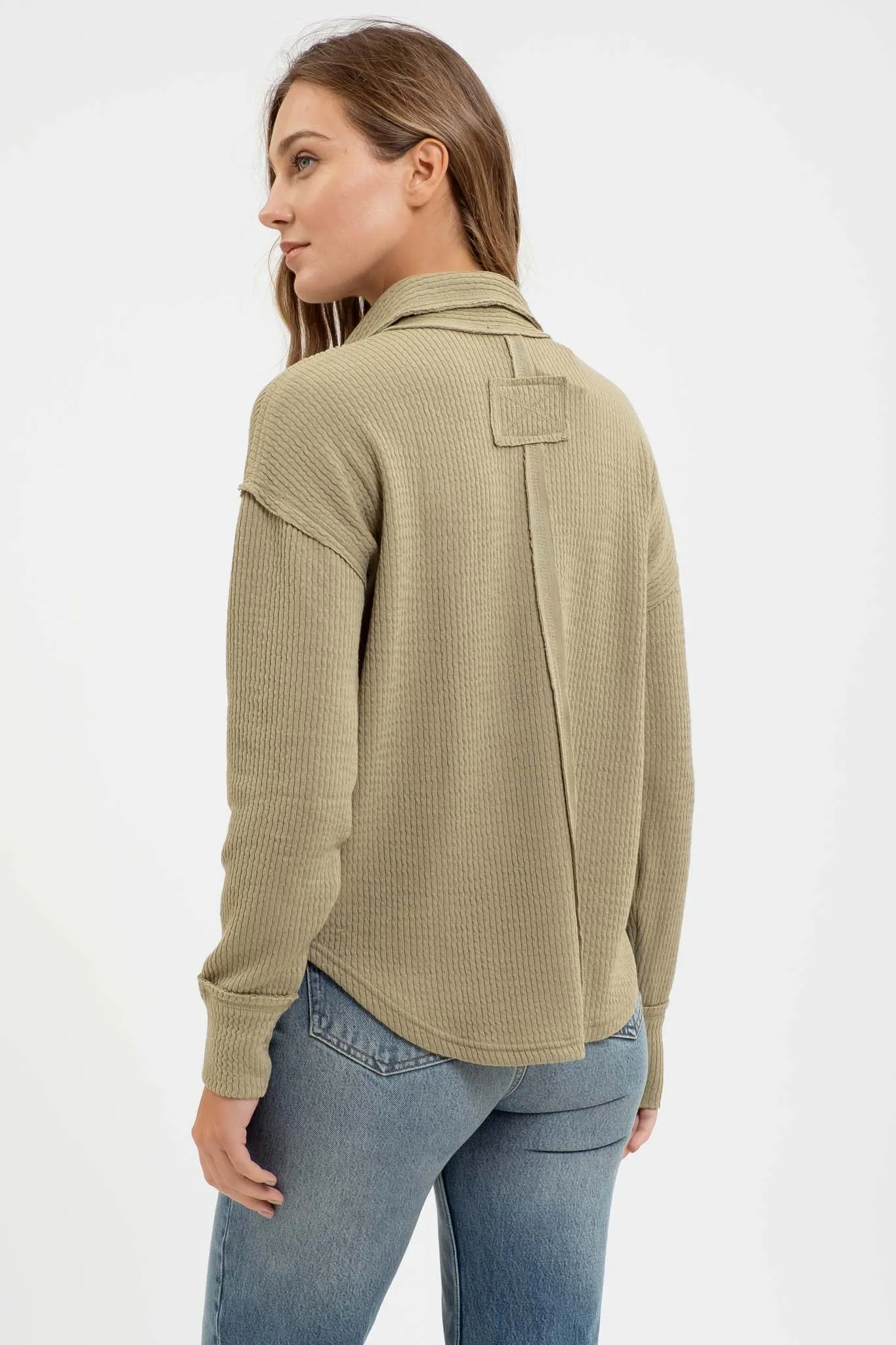SPLIT NECK LONG SLEEVE EXPOSED SEAM KNIT TOP sold by Blu Pepper product image thumbnail 2