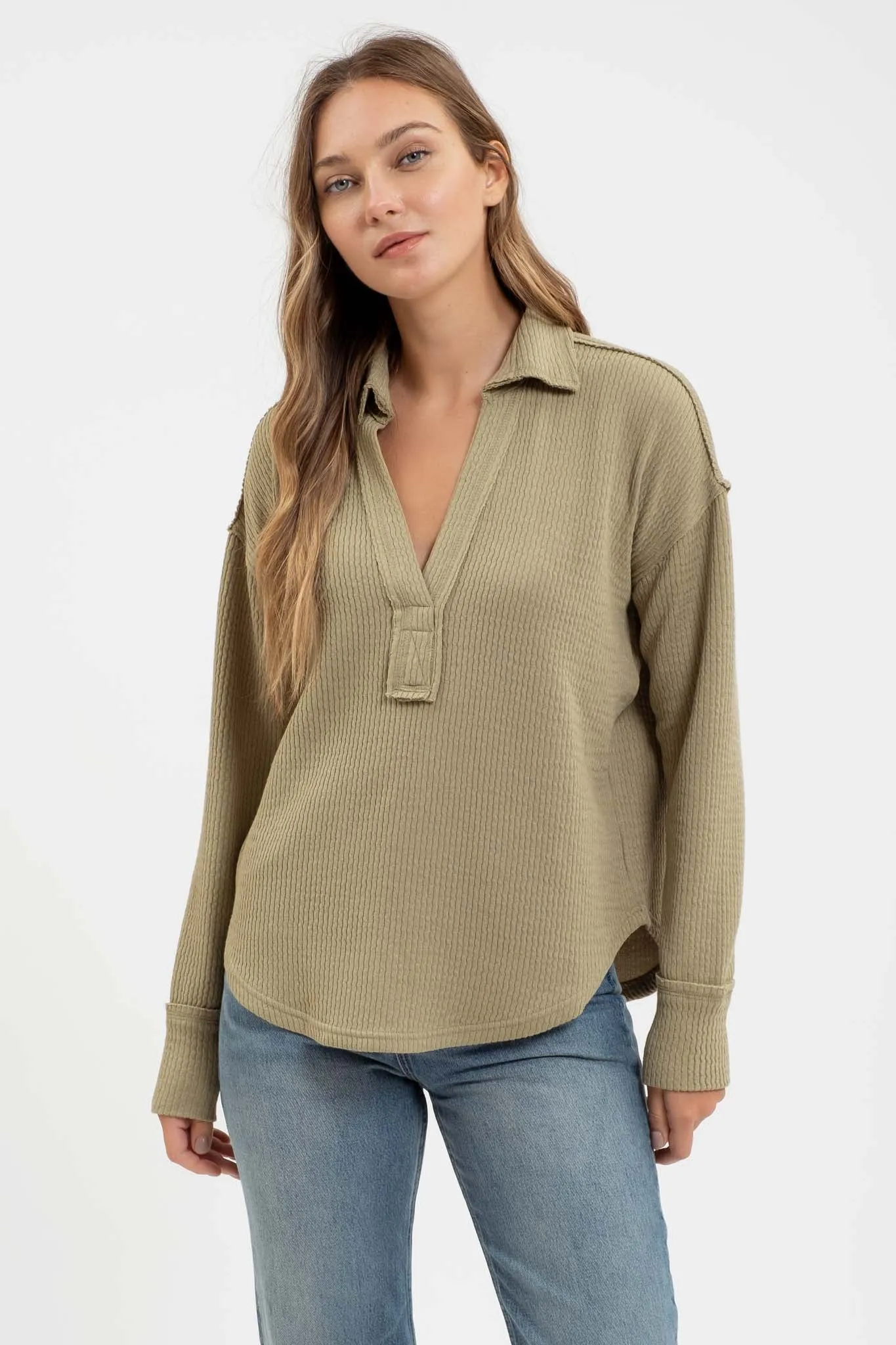 SPLIT NECK LONG SLEEVE EXPOSED SEAM KNIT TOP sold by Blu Pepper product image thumbnail 5
