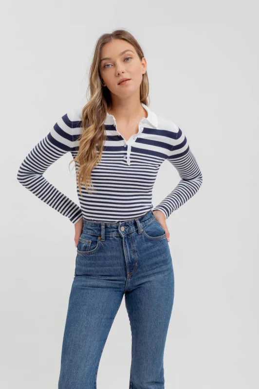 STRIPE COLLARED LONG SLEEVE POLO SWEATER KNIT TOP sold by Blu Pepper