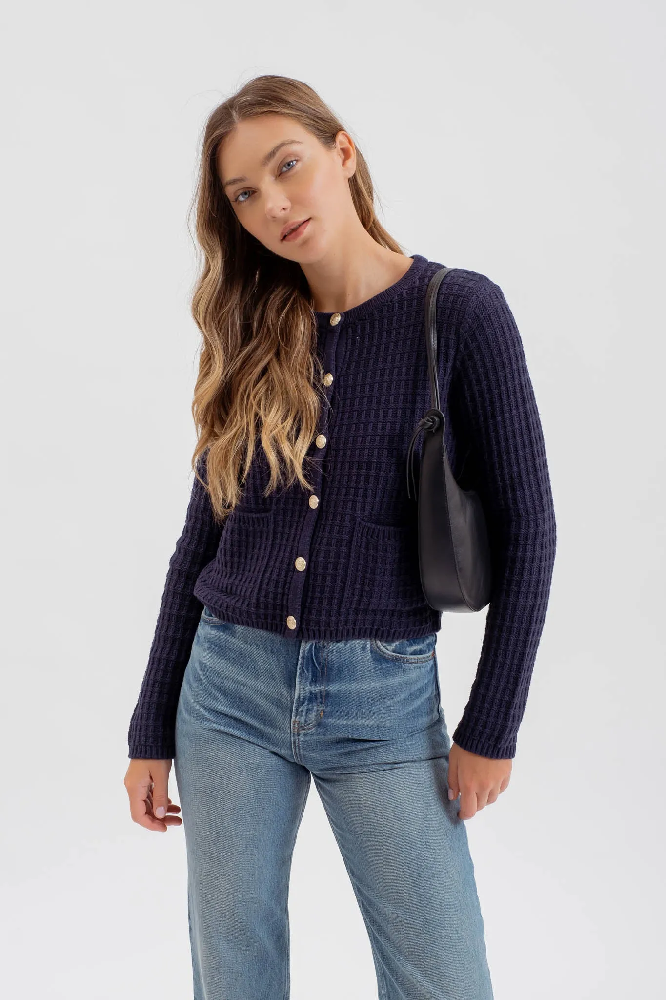 ROUND NECK BUTTON DOWN TEXTURED KNIT CARDIGAN sold by Blu Pepper product image thumbnail 5
