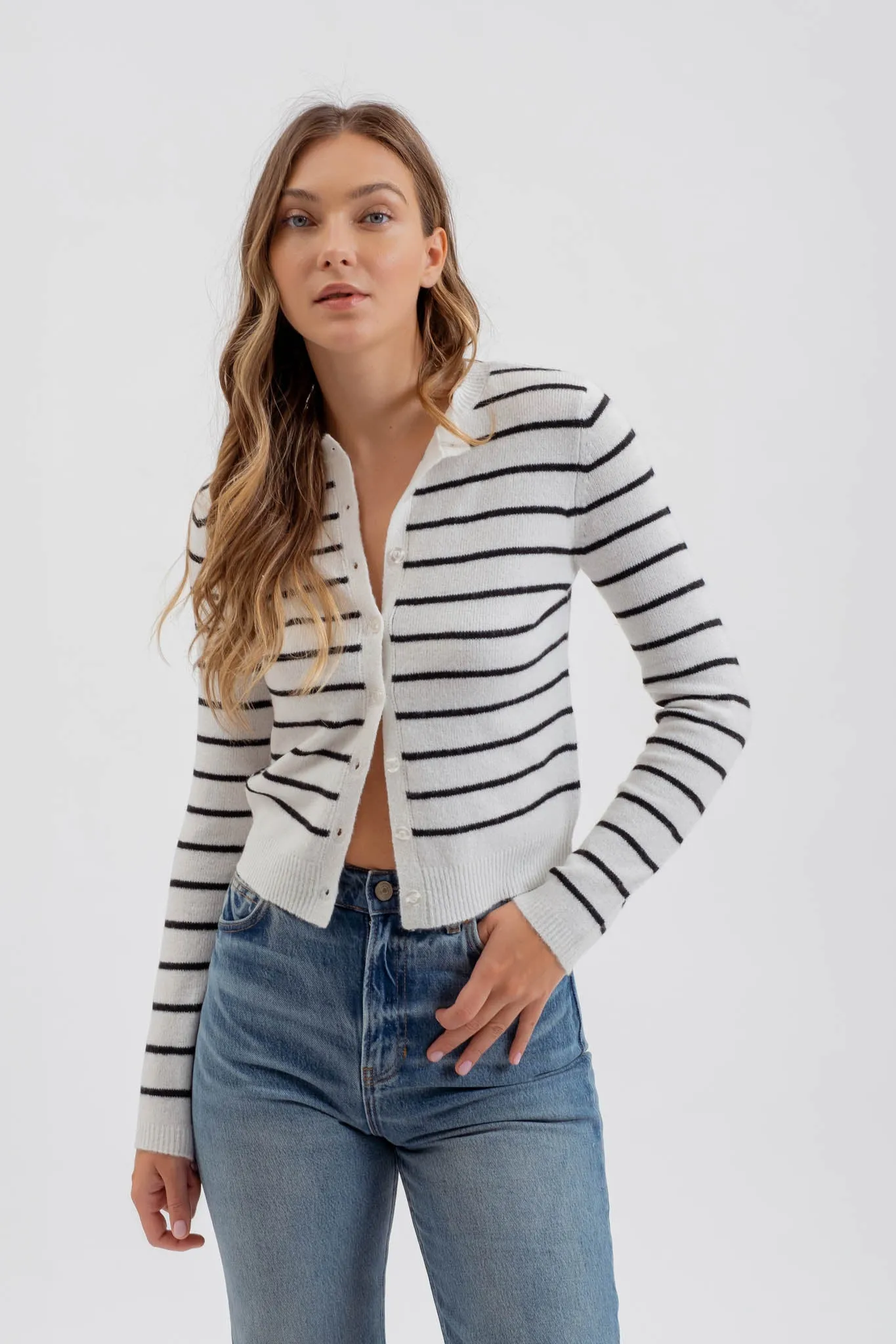 STRIPE BUTTON DOWN LONG SLEEVE KNIT CARDIGAN sold by Blu Pepper product image thumbnail 4