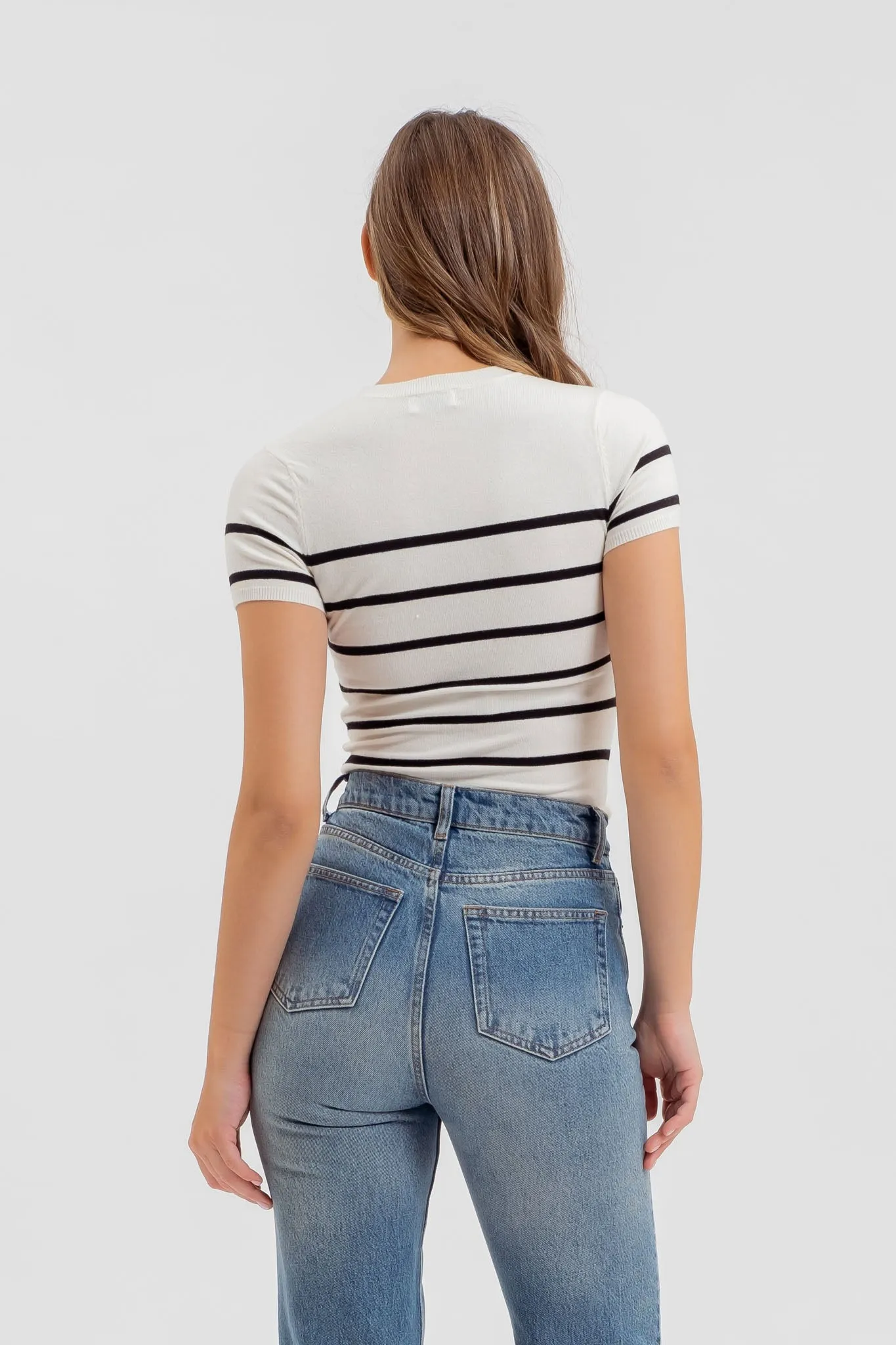 STRIPE ROUND NECK SHORT SLEEVE SWEATER KNIT TOP sold by Blu Pepper product image thumbnail 2