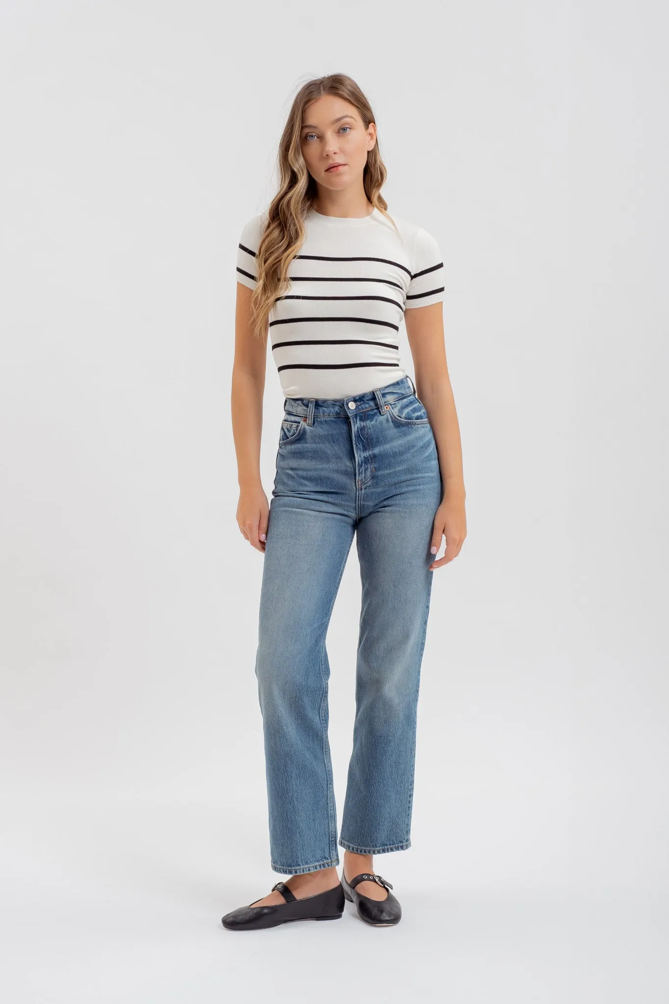STRIPE ROUND NECK SHORT SLEEVE SWEATER KNIT TOP sold by Blu Pepper product image thumbnail 5
