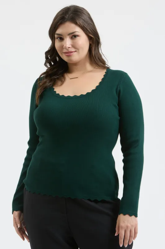 PLUS SCALLOP TRIM LONG SLEEVE SWEATER KNIT TOP made by Blu Pepper