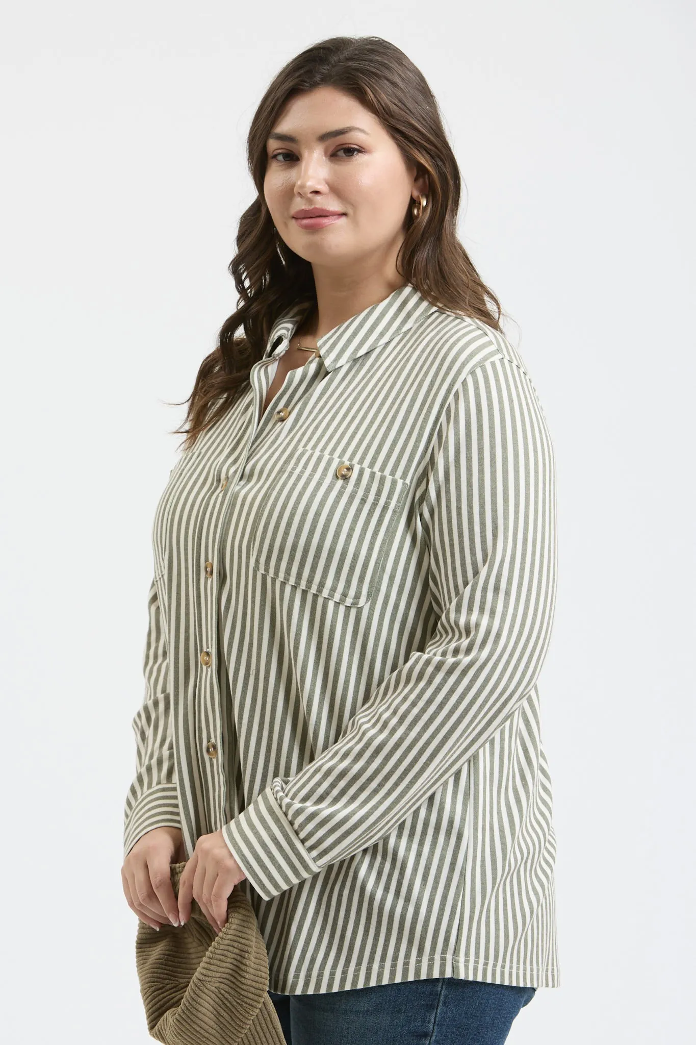 PLUS STRIPE COLLARED LONG SLEEVE BUTTON DOWN SHIRT sold by Blu Pepper product image thumbnail 3