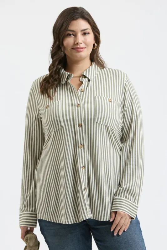 PLUS STRIPE COLLARED LONG SLEEVE BUTTON DOWN SHIRT sold by Blu Pepper