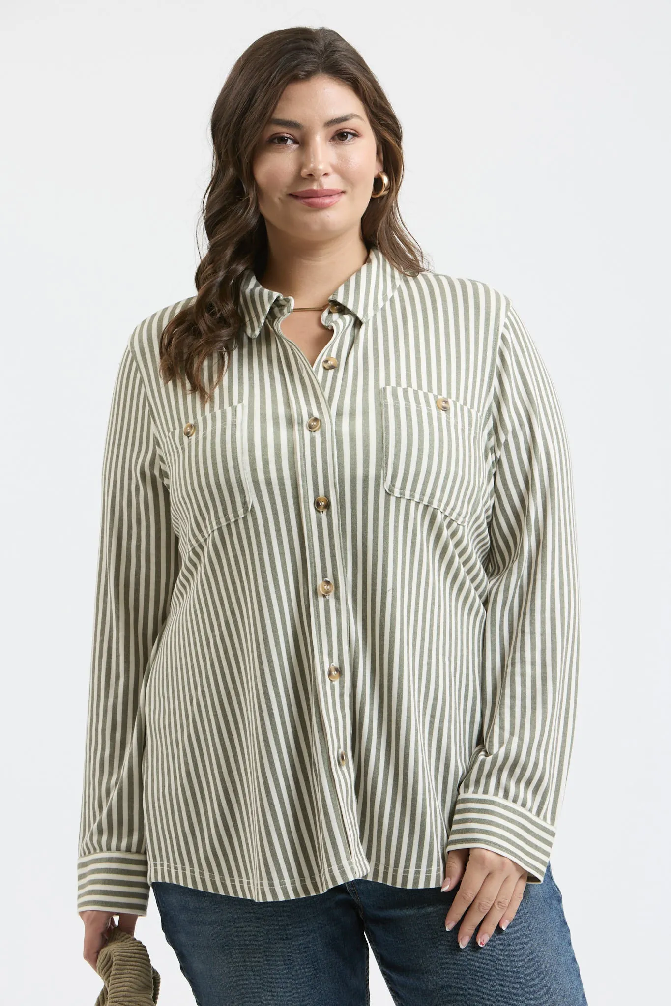 PLUS STRIPE COLLARED LONG SLEEVE BUTTON DOWN SHIRT sold by Blu Pepper