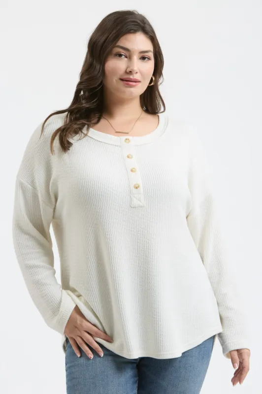PLUS WAFFLE KNIT HENLEY LONG SLEEVE KNIT TOP sold by Blu Pepper