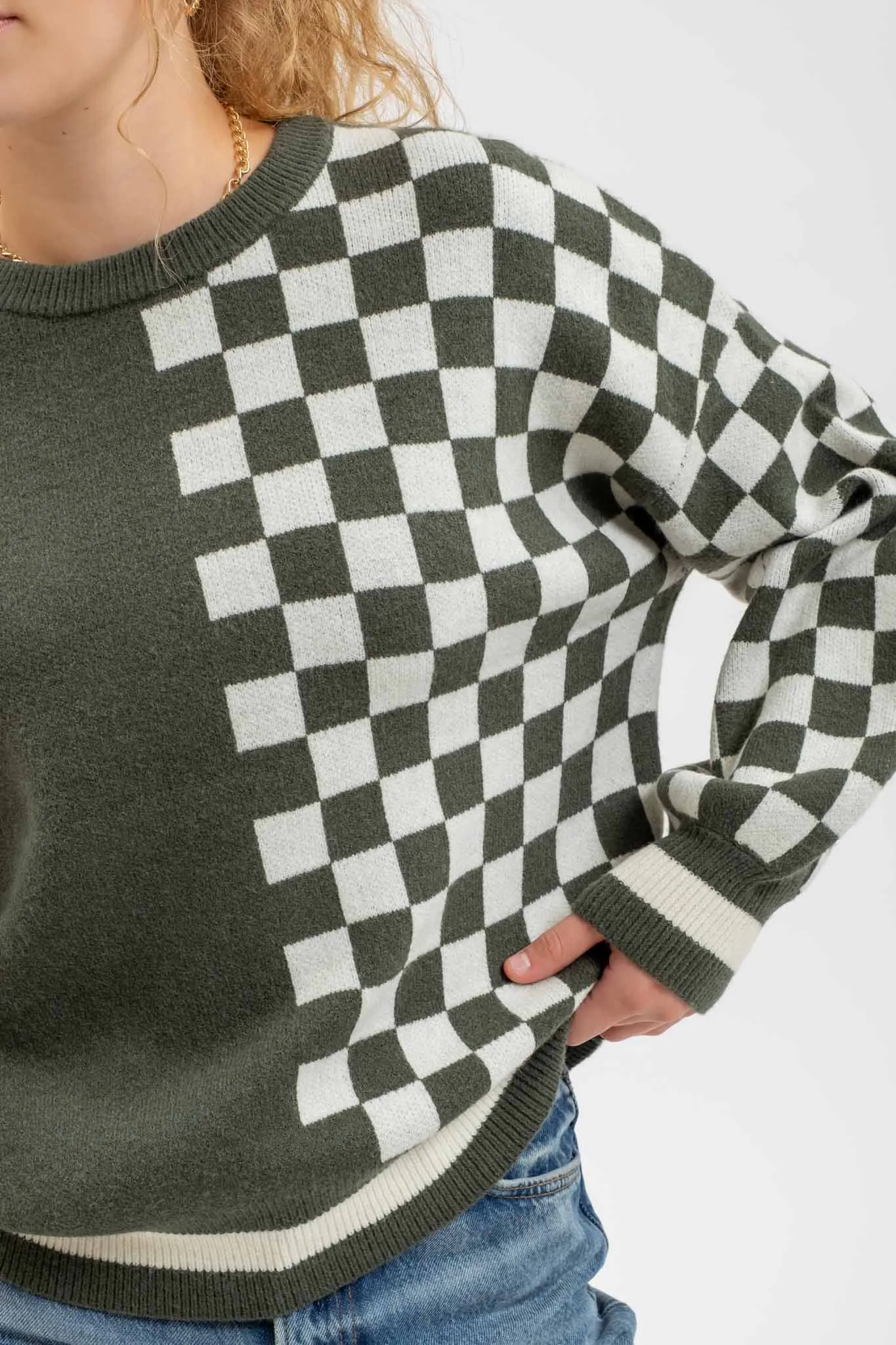 COLORBLOCK CHECKERED CREWNECK KNIT SWEATER sold by Blu Pepper product image thumbnail 4