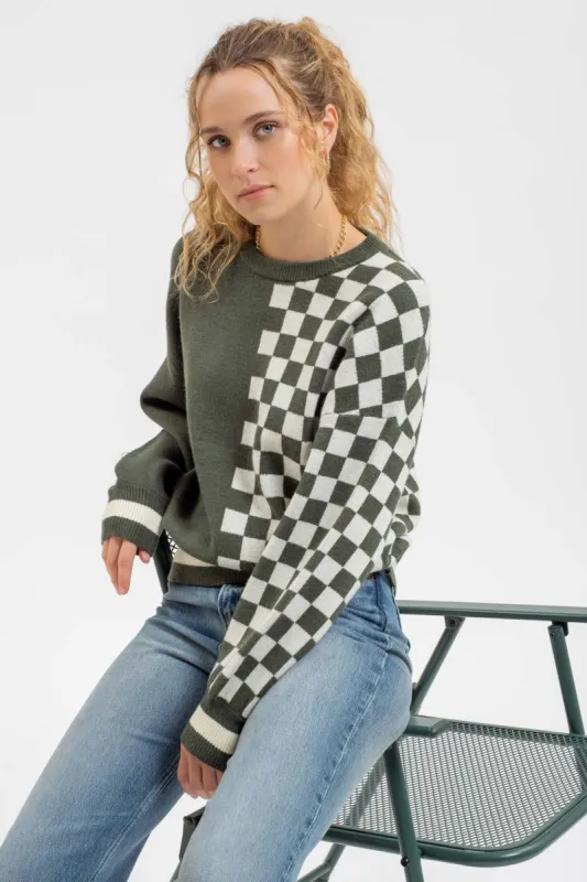 COLORBLOCK CHECKERED CREWNECK KNIT SWEATER sold by Blu Pepper