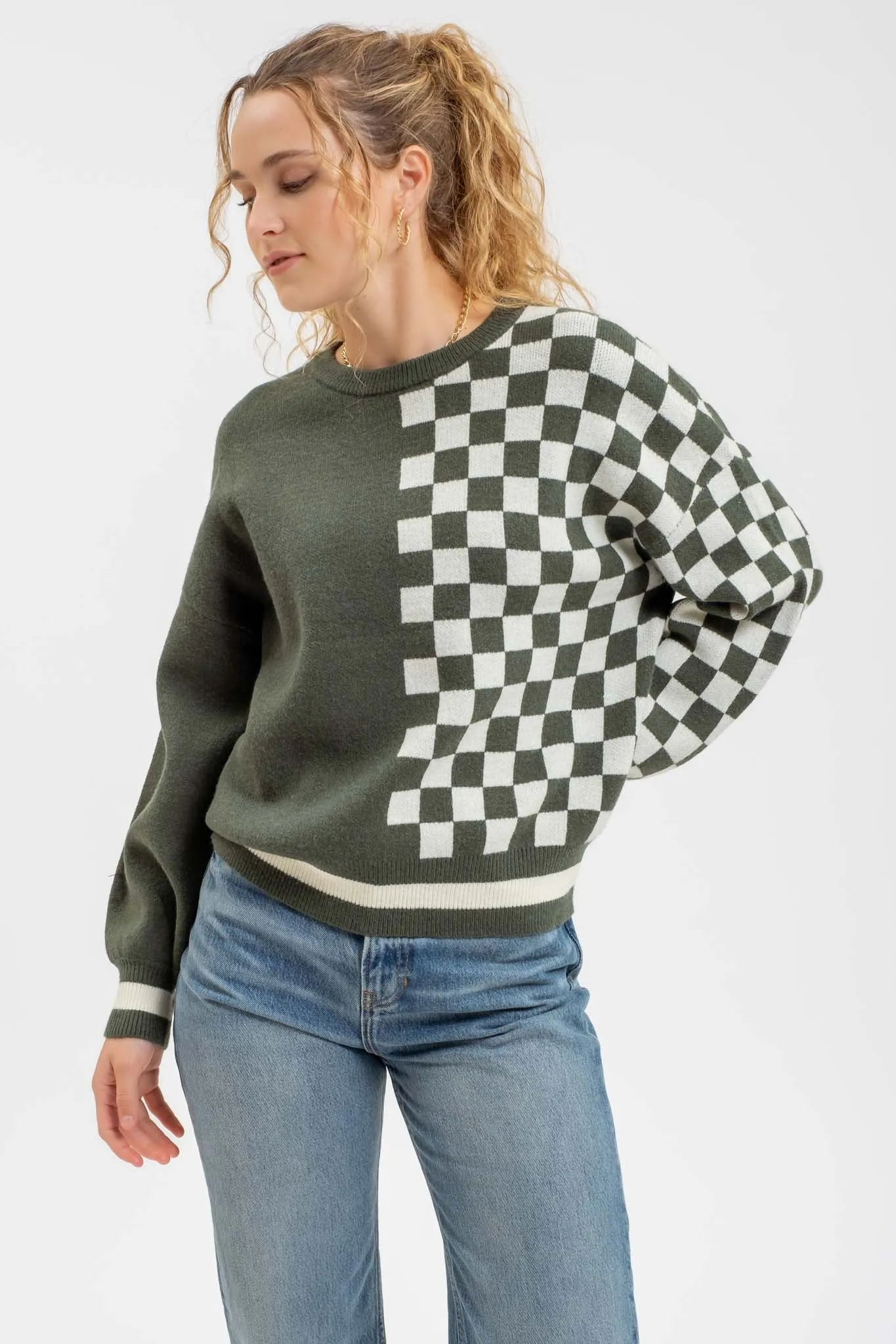 COLORBLOCK CHECKERED CREWNECK KNIT SWEATER sold by Blu Pepper product image thumbnail 3