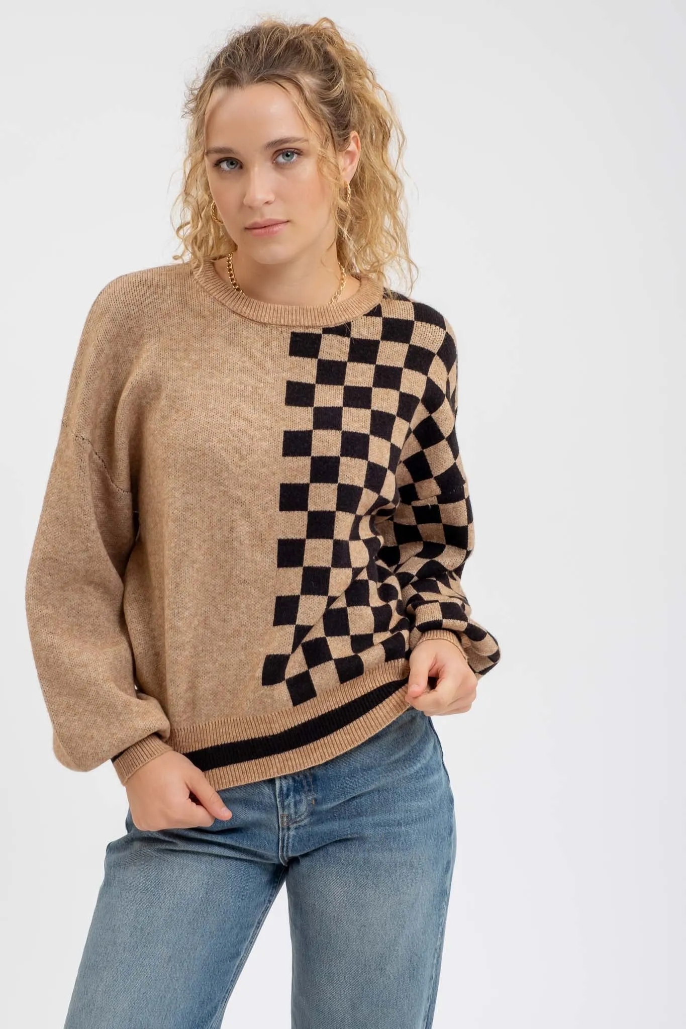 COLORBLOCK CHECKERED CREWNECK KNIT SWEATER sold by Blu Pepper product image thumbnail 5