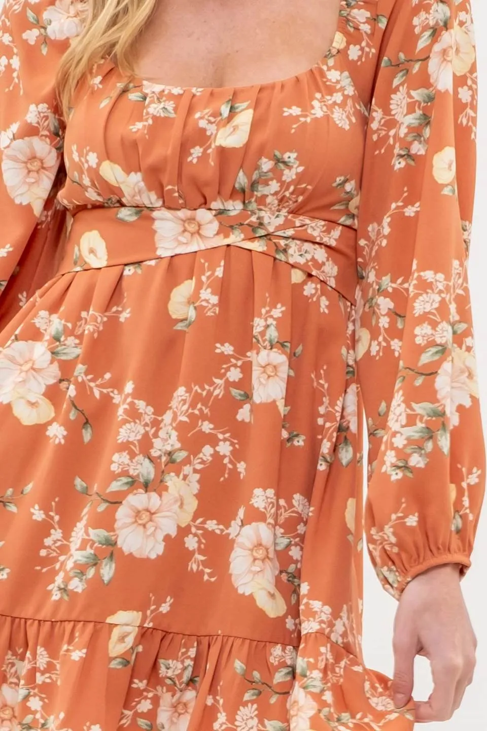 FLORAL LONG SLEEVE BACK TIE MINI DRESS sold by Blu Pepper product image thumbnail 4