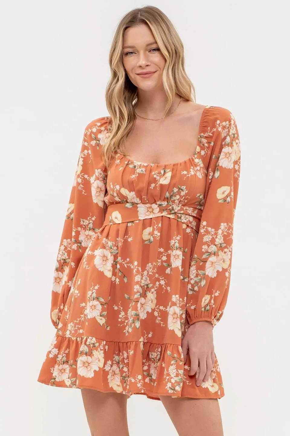 FLORAL LONG SLEEVE BACK TIE MINI DRESS sold by Blu Pepper product image thumbnail 5