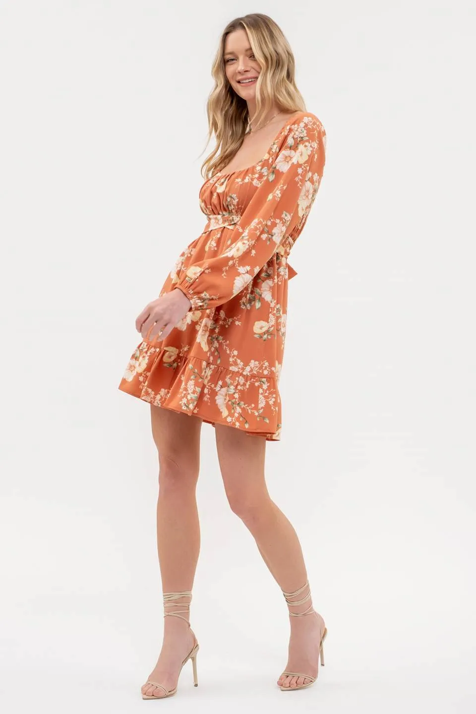 FLORAL LONG SLEEVE BACK TIE MINI DRESS sold by Blu Pepper product image thumbnail 3