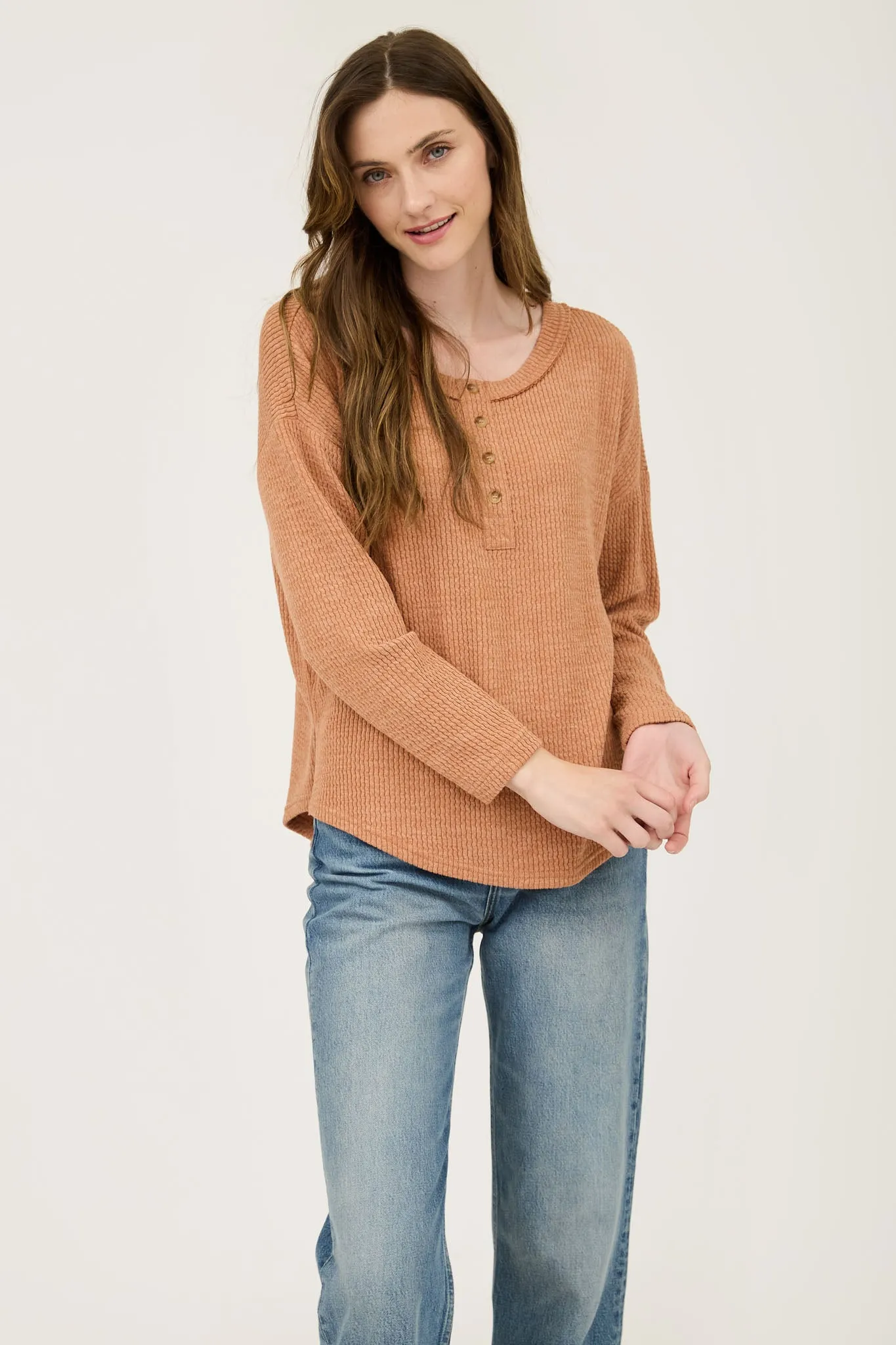 WAFFLE KNIT HENLEY LONG SLEEVE KNIT TOP sold by Blu Pepper product image thumbnail 5