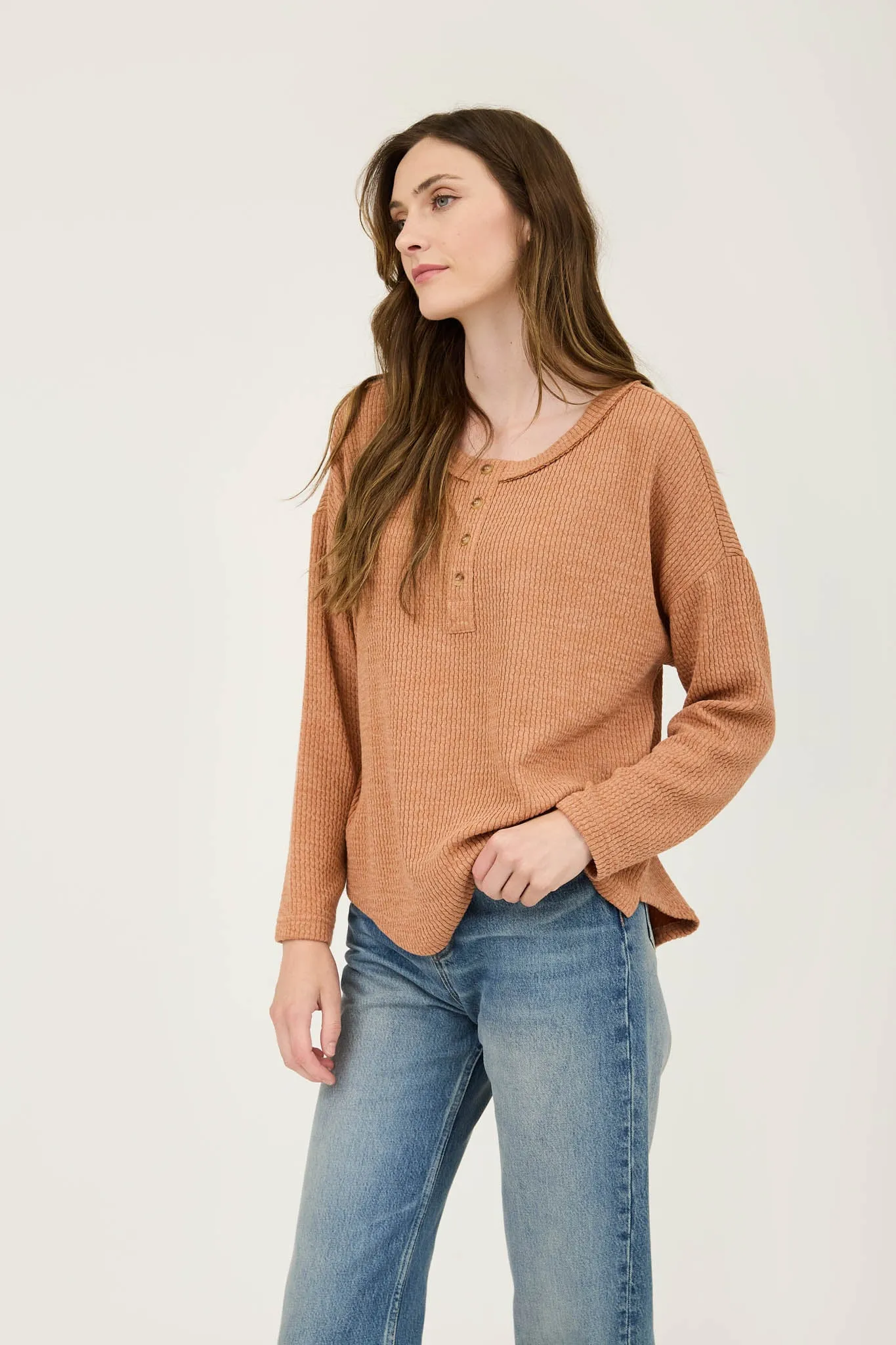 WAFFLE KNIT HENLEY LONG SLEEVE KNIT TOP sold by Blu Pepper product image thumbnail 3