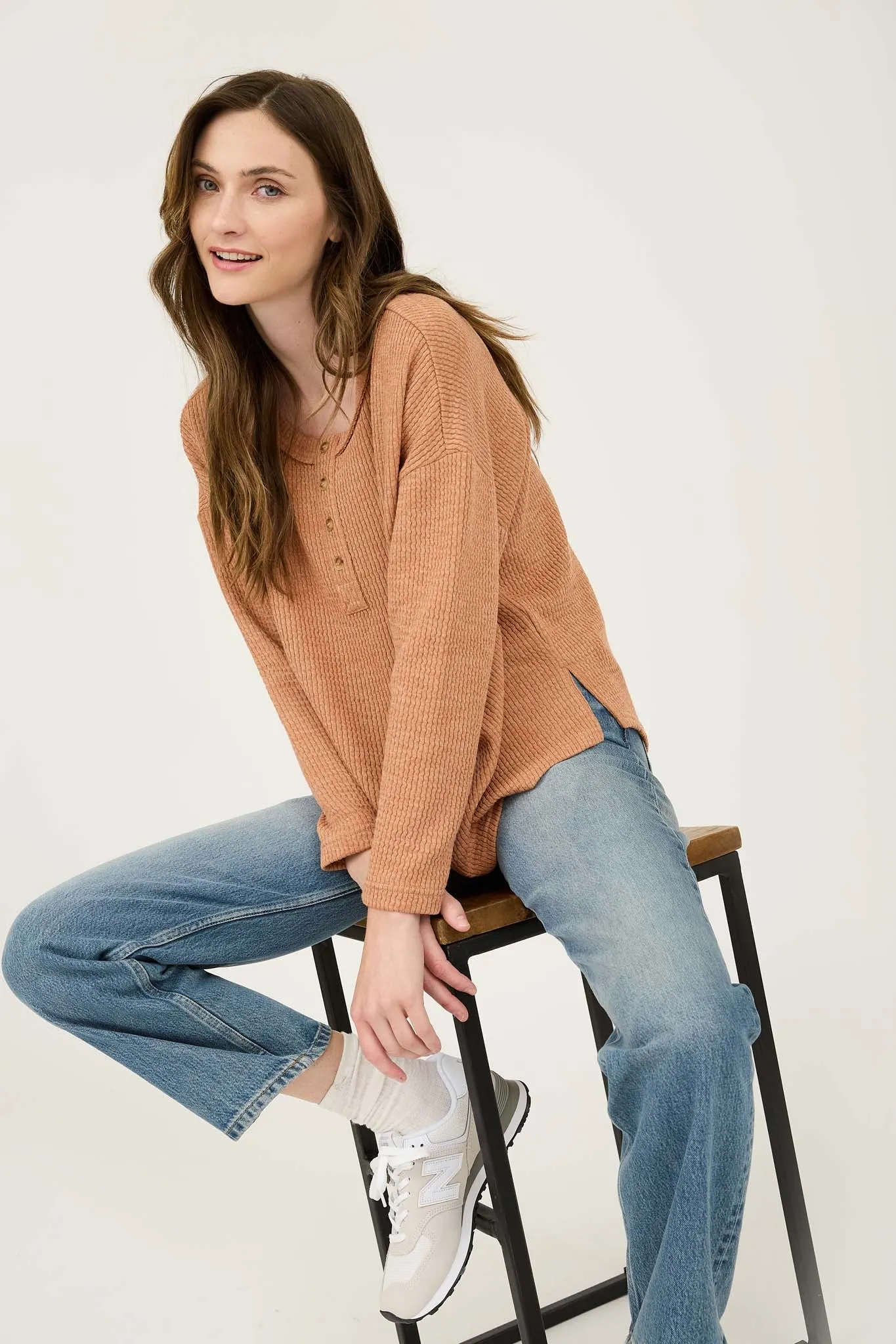 WAFFLE KNIT HENLEY LONG SLEEVE KNIT TOP sold by Blu Pepper product image thumbnail 4
