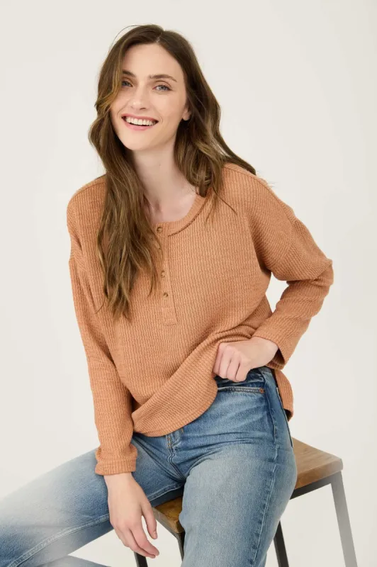 WAFFLE KNIT HENLEY LONG SLEEVE KNIT TOP sold by Blu Pepper