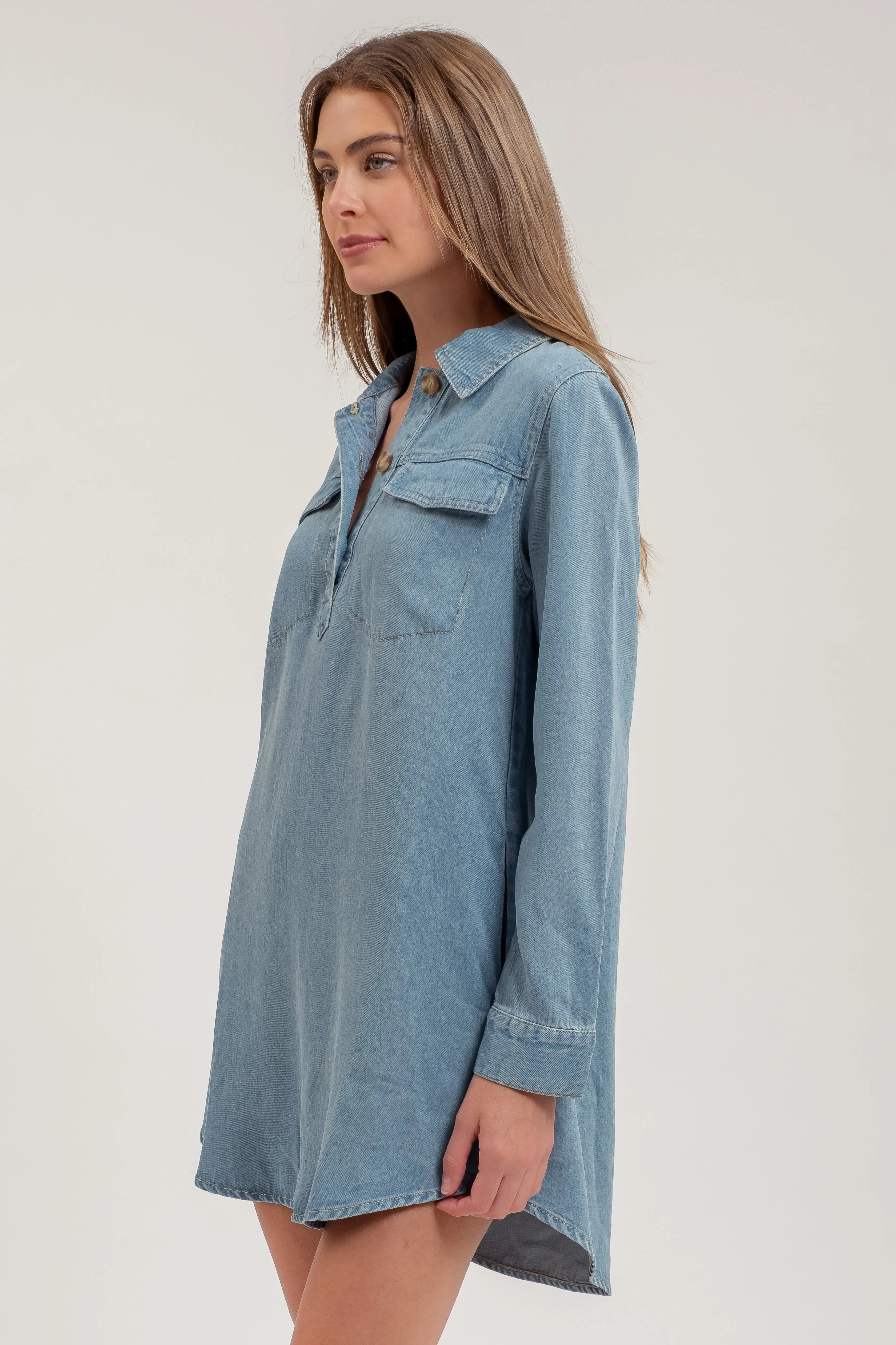CHAMBRAY COLLARED LONG SLEEVE MINI SHIRT DRESS sold by Blu Pepper product image thumbnail 3