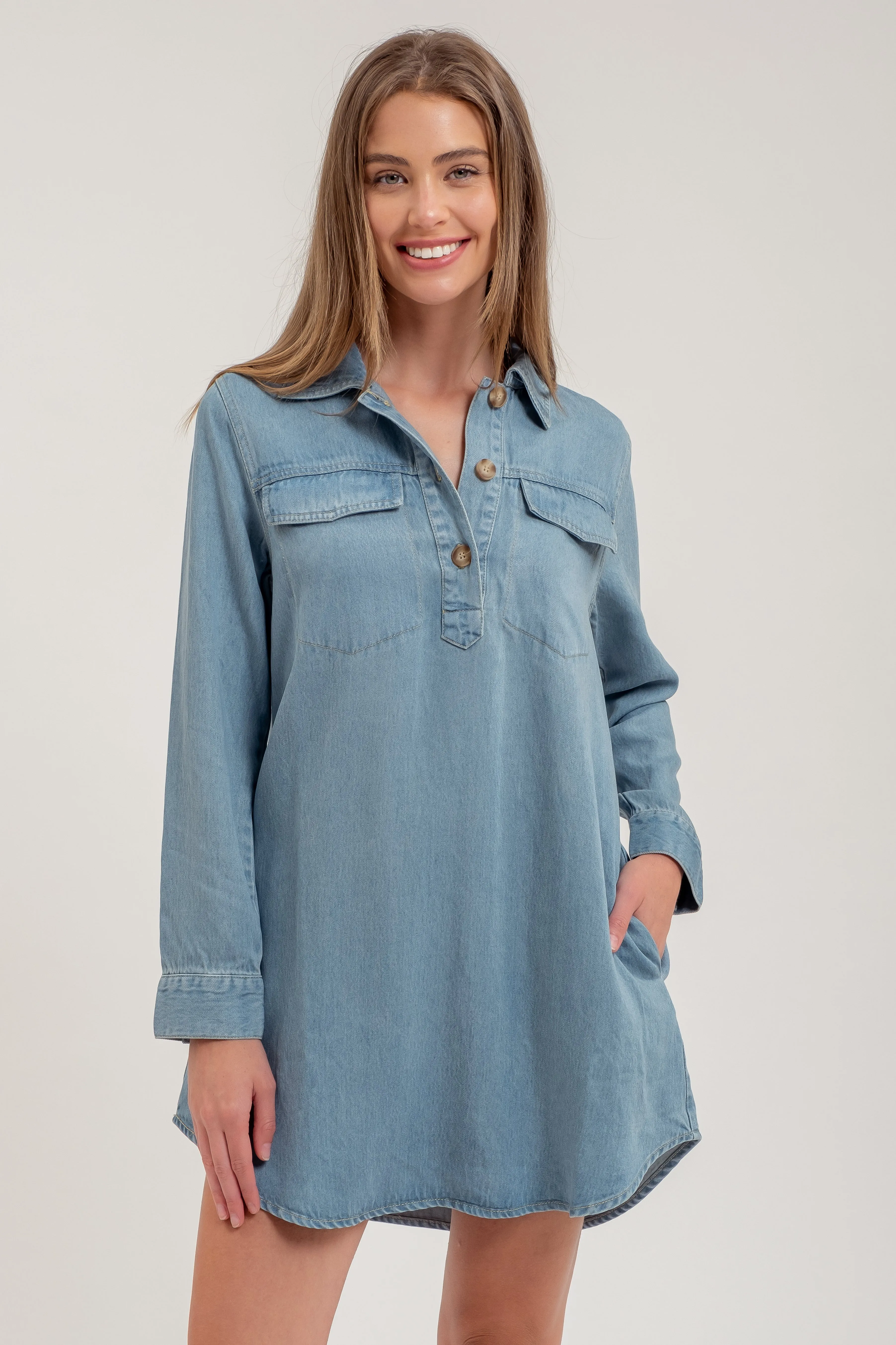 CHAMBRAY COLLARED LONG SLEEVE MINI SHIRT DRESS sold by Blu Pepper product image thumbnail 4