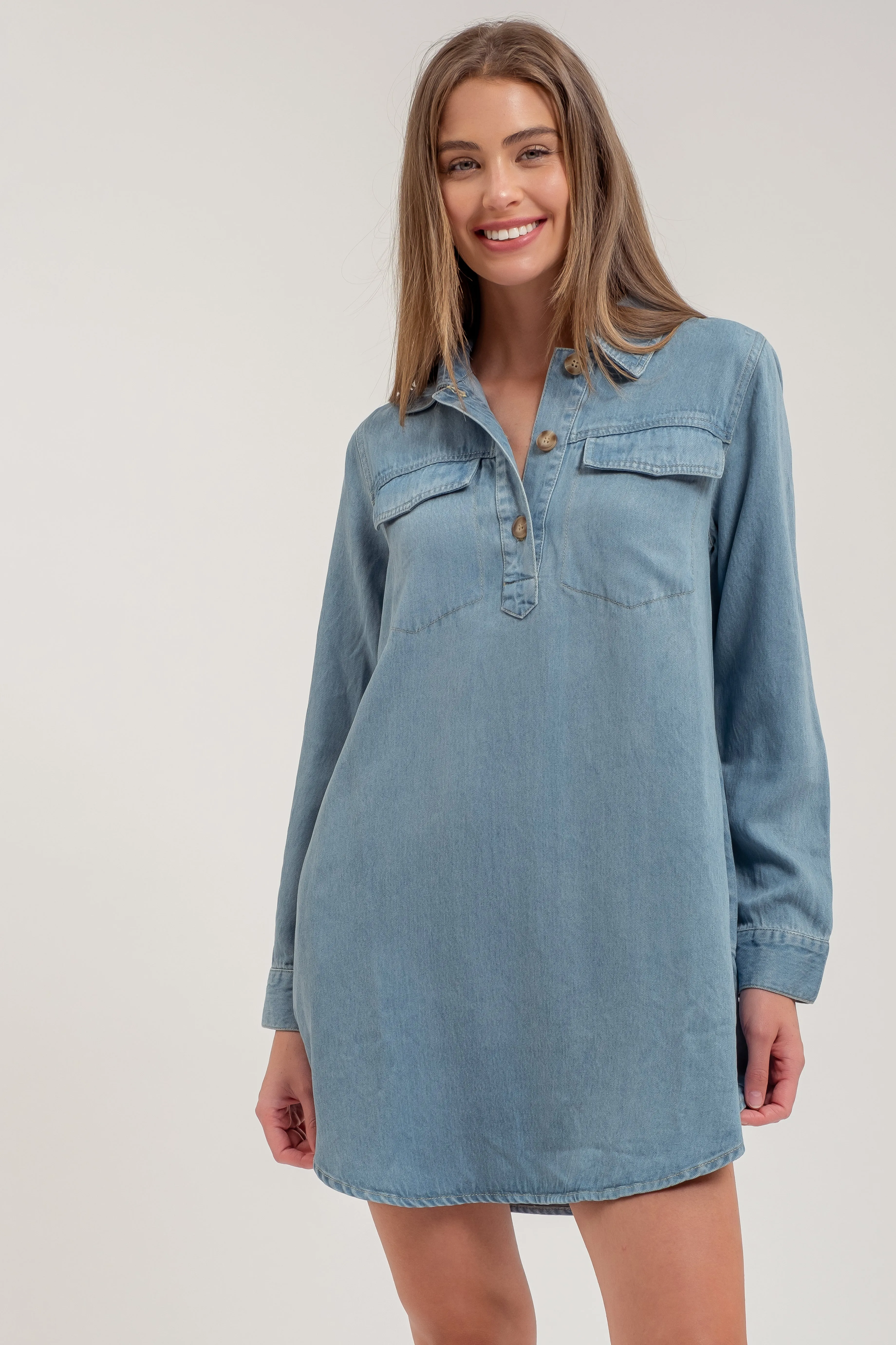 CHAMBRAY COLLARED LONG SLEEVE MINI SHIRT DRESS sold by Blu Pepper