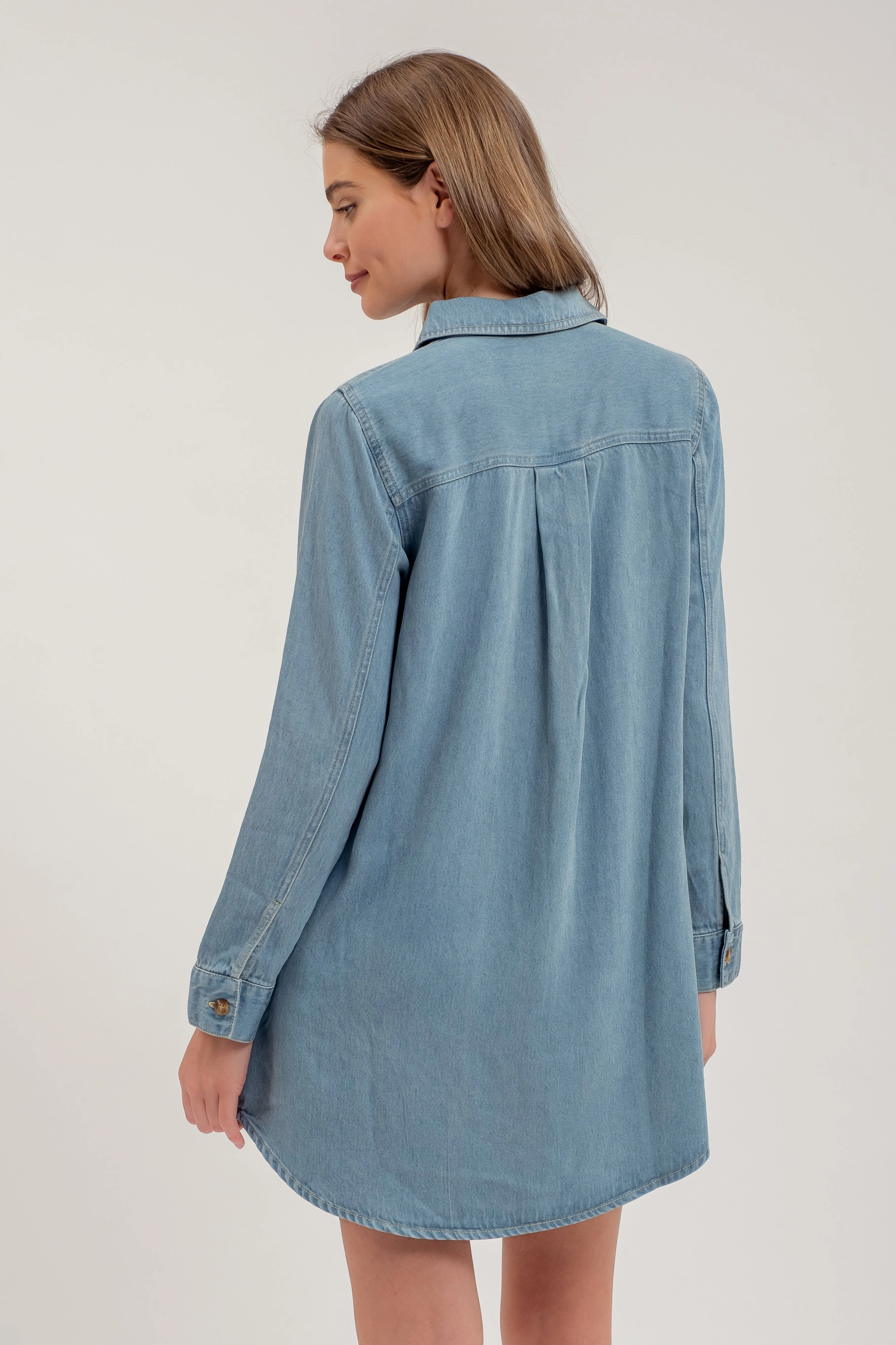 CHAMBRAY COLLARED LONG SLEEVE MINI SHIRT DRESS sold by Blu Pepper product image thumbnail 2