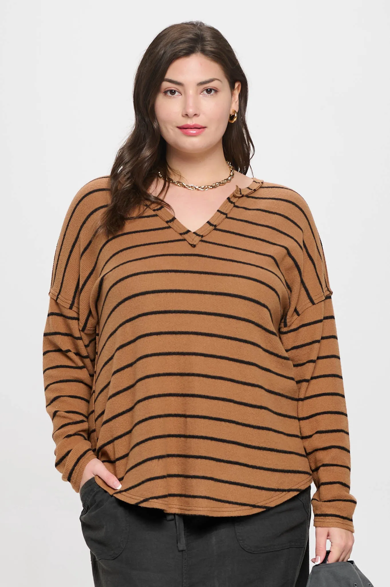 PLUS STRIPE EXPOSED SEAM SPLIT NECK KNIT TOP sold by Blu Pepper product image thumbnail 5
