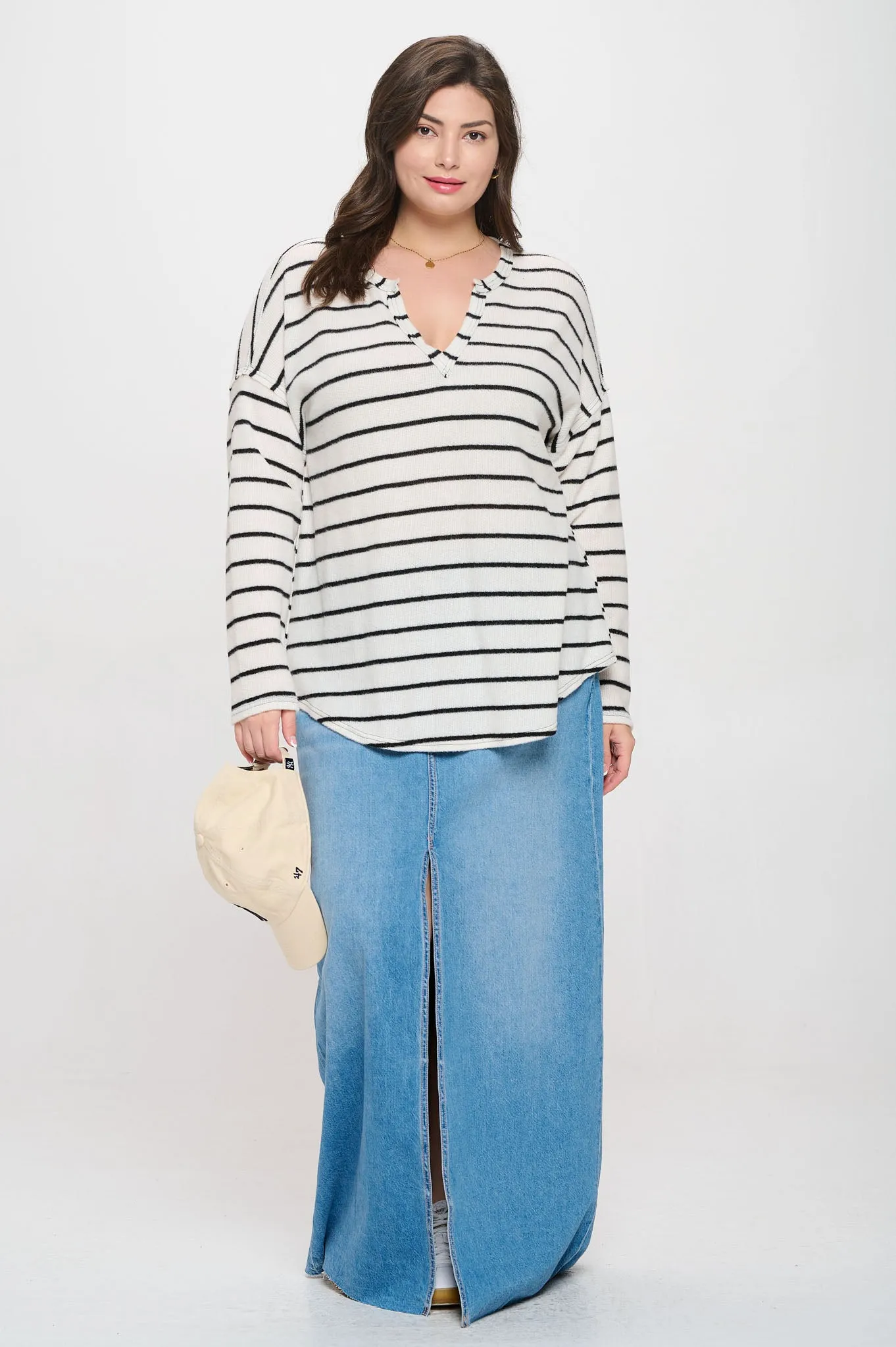 PLUS STRIPE EXPOSED SEAM SPLIT NECK KNIT TOP sold by Blu Pepper product image thumbnail 4