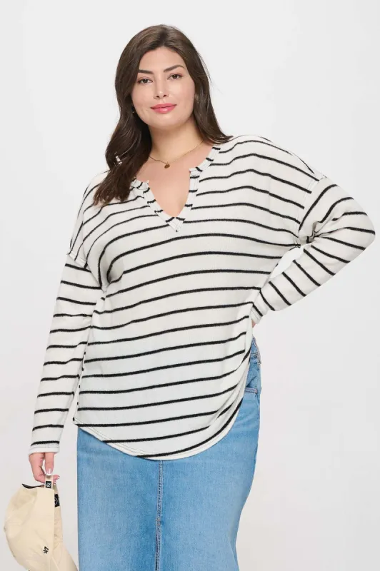 PLUS STRIPE EXPOSED SEAM SPLIT NECK KNIT TOP sold by Blu Pepper