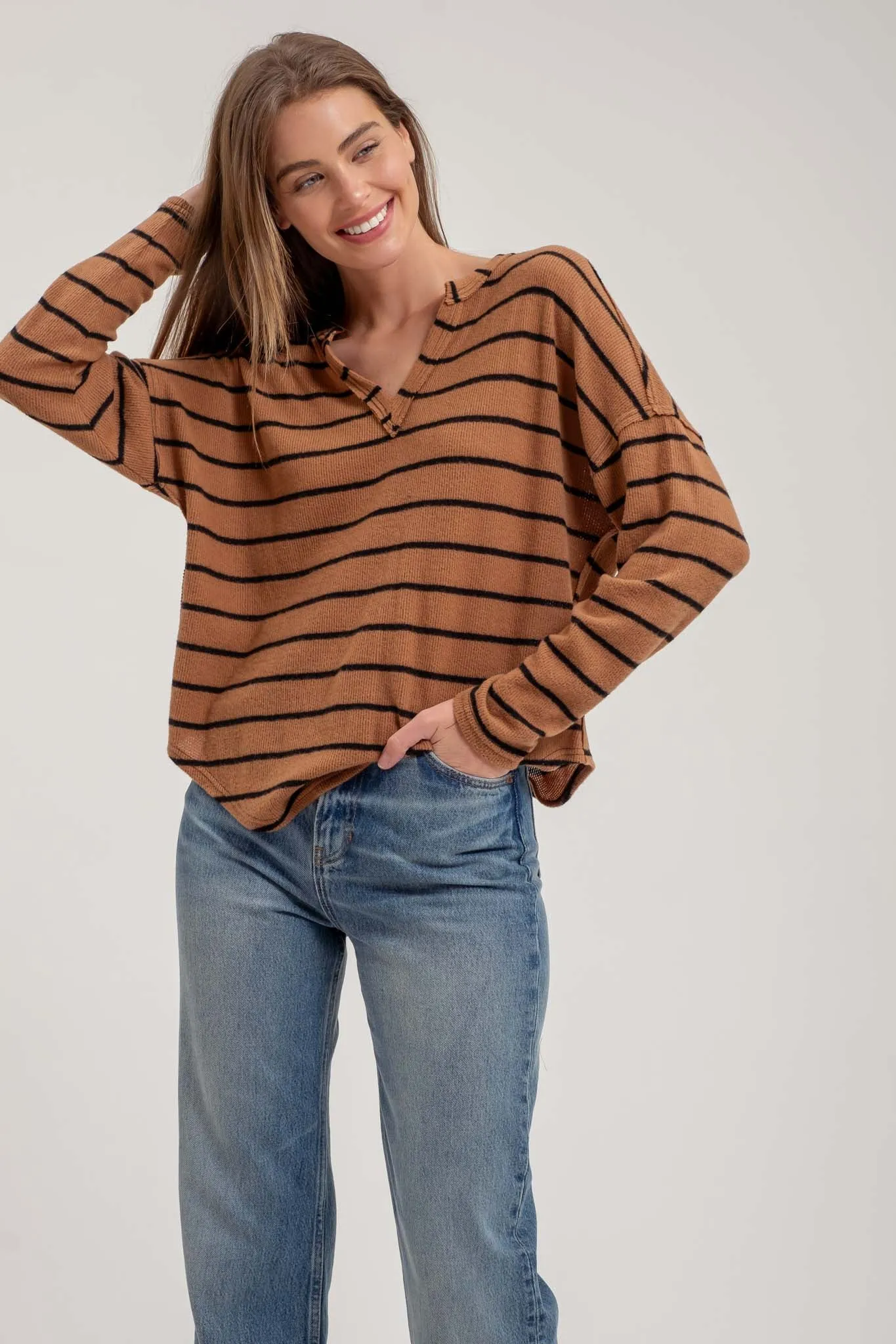 STRIPE EXPOSED SEAM SPLIT NECK KNIT TOP sold by Blu Pepper product image thumbnail 5