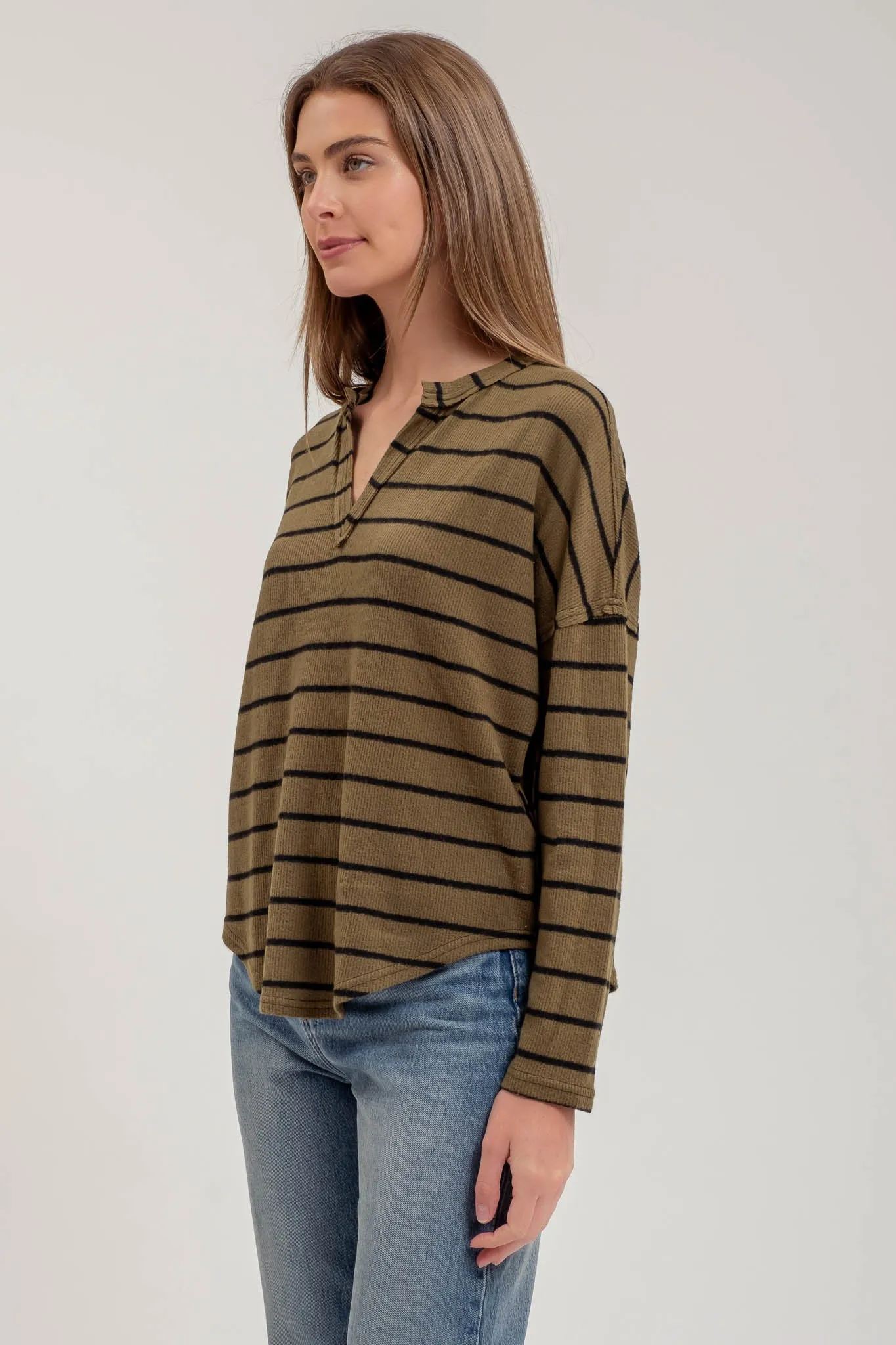 STRIPE EXPOSED SEAM SPLIT NECK KNIT TOP sold by Blu Pepper product image thumbnail 3