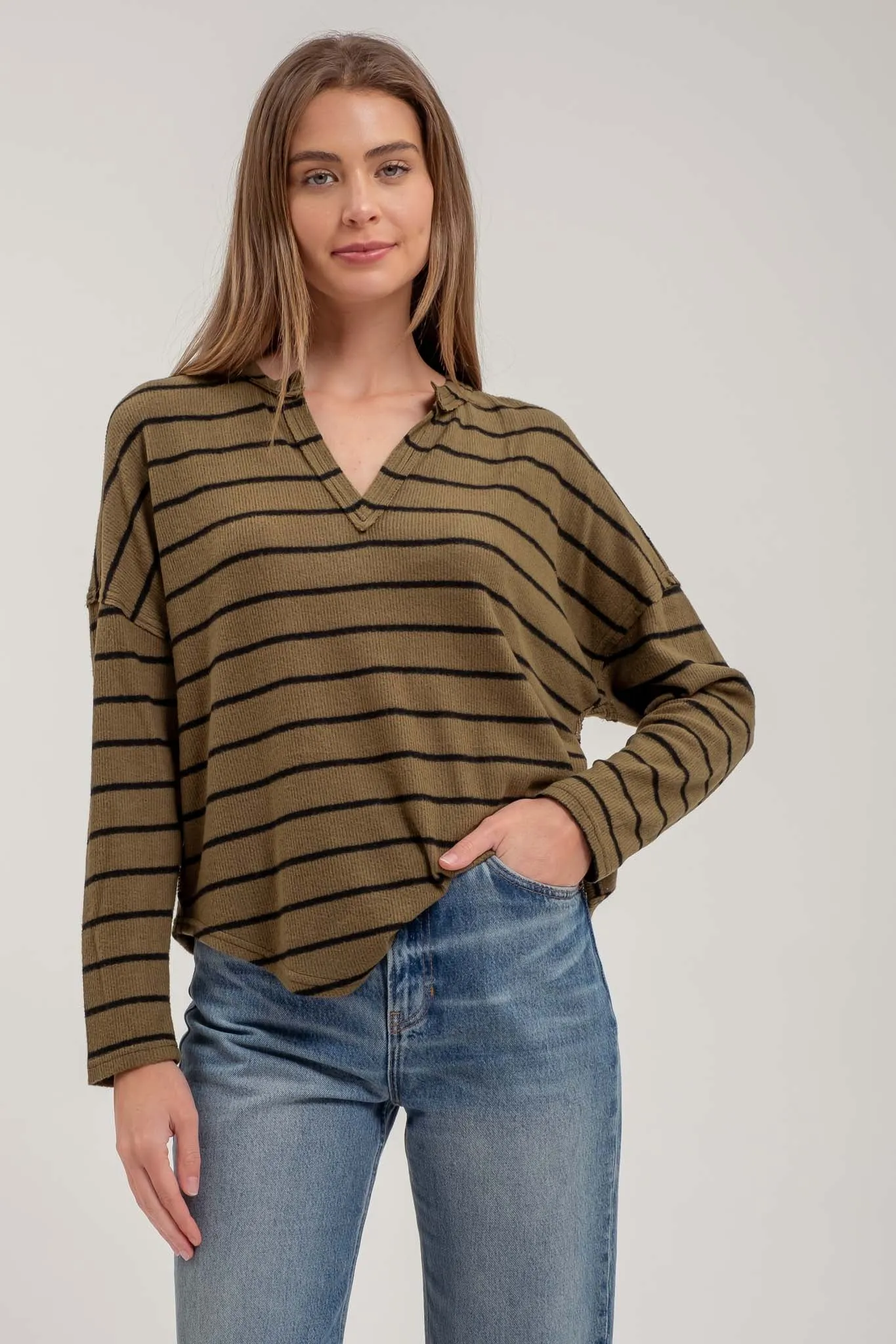 STRIPE EXPOSED SEAM SPLIT NECK KNIT TOP sold by Blu Pepper product image thumbnail 4
