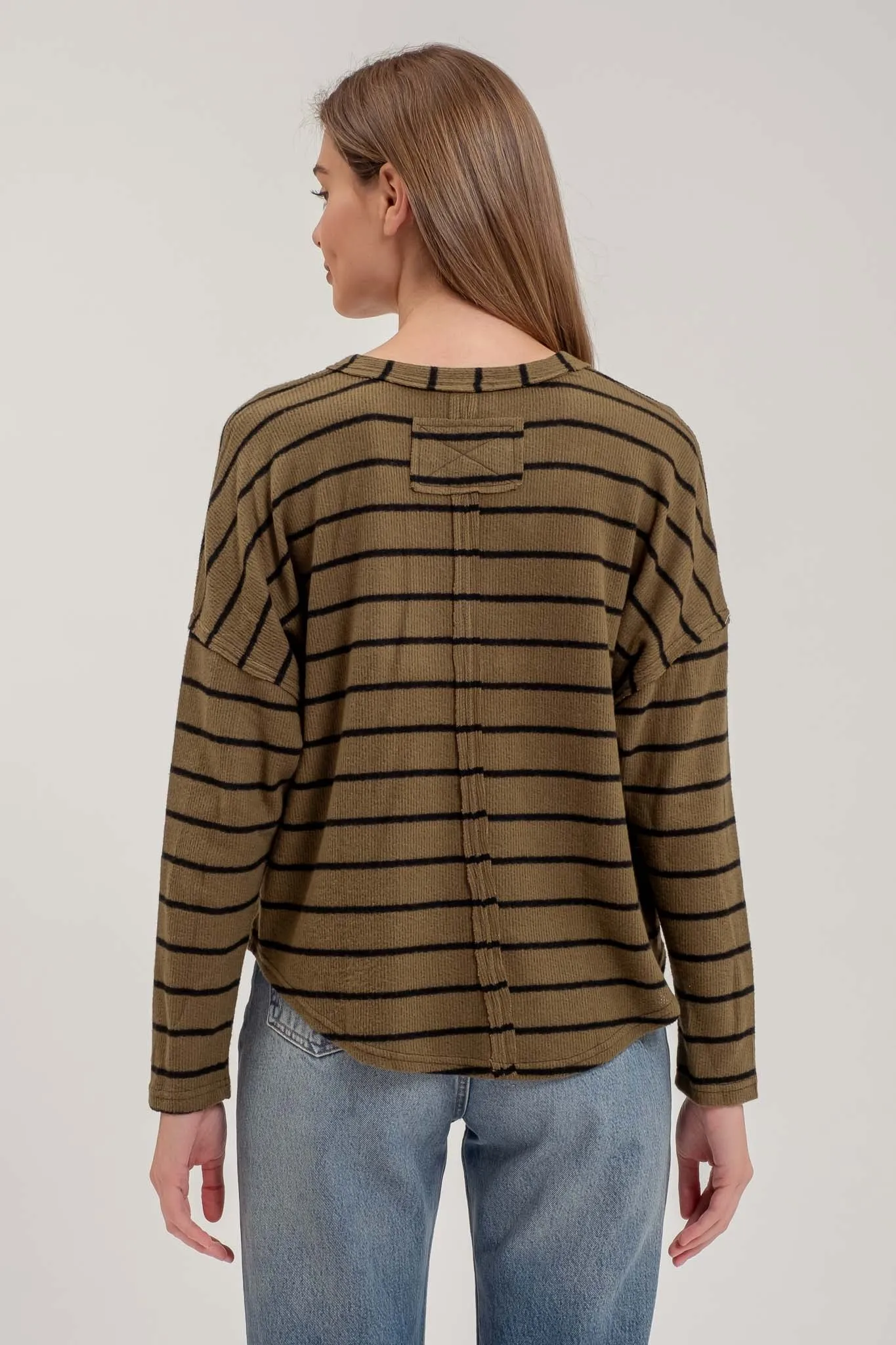 STRIPE EXPOSED SEAM SPLIT NECK KNIT TOP sold by Blu Pepper product image thumbnail 2