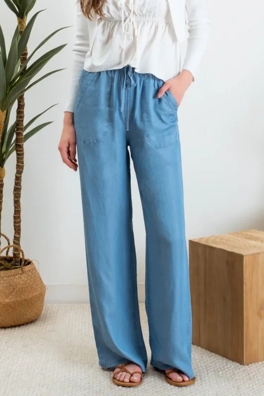 CHAMBRAY HIGH WAIST DRAWSTRING PANTS sold by Blu Pepper
